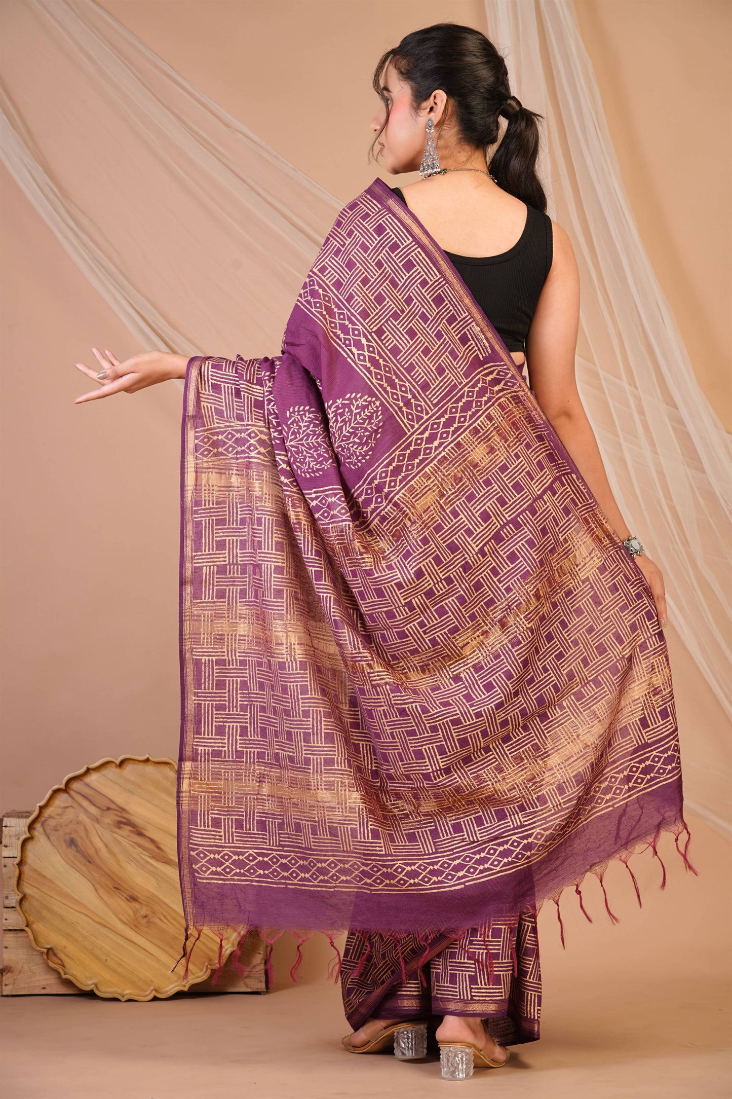 Anuttara Bhagalpuri Purple Jay Shree Cotton Fine Golden Foil Print Saree with Unstitched Blouse_AFS1424-FS