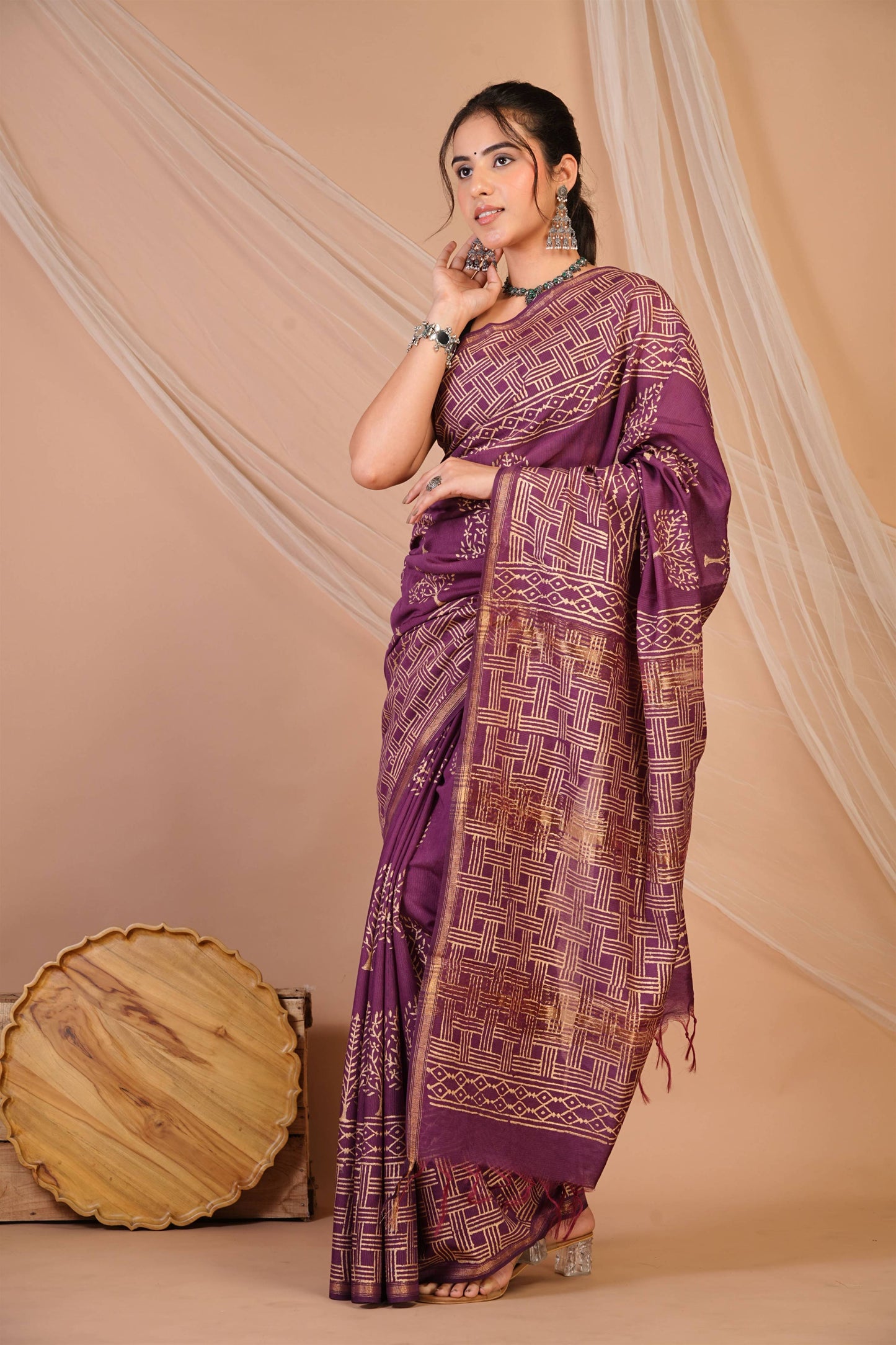Anuttara Bhagalpuri Purple Jay Shree Cotton Fine Golden Foil Print Saree with Unstitched Blouse_AFS1424-FS