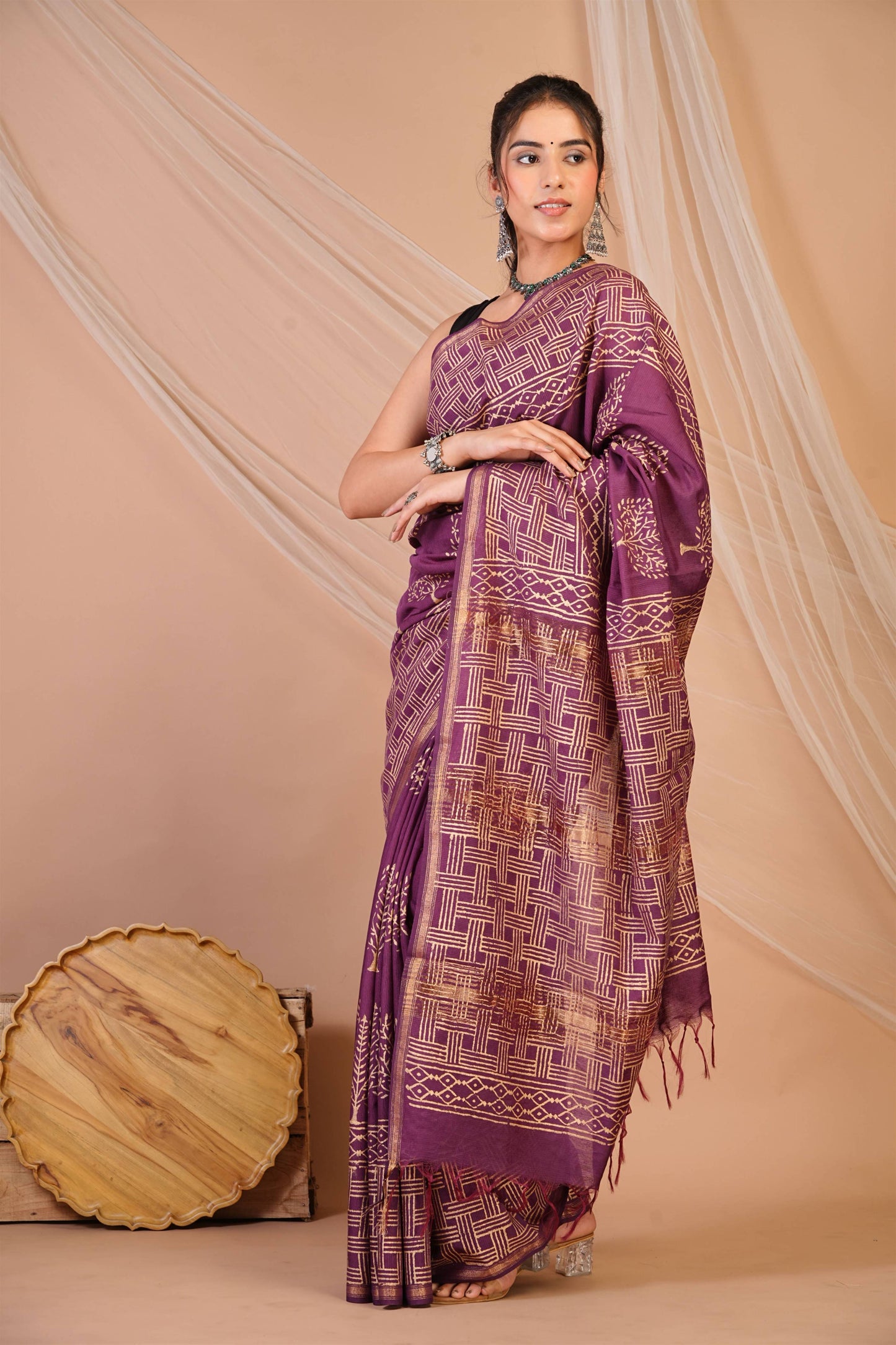 Anuttara Bhagalpuri Purple Jay Shree Cotton Fine Golden Foil Print Saree with Unstitched Blouse_AFS1424-FS