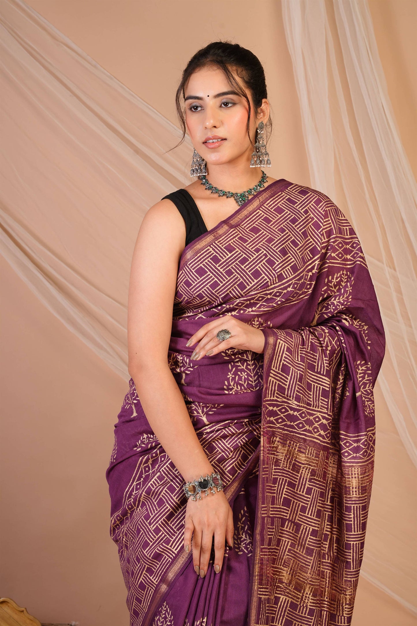 Anuttara Bhagalpuri Purple Jay Shree Cotton Fine Golden Foil Print Saree with Unstitched Blouse_AFS1424-FS