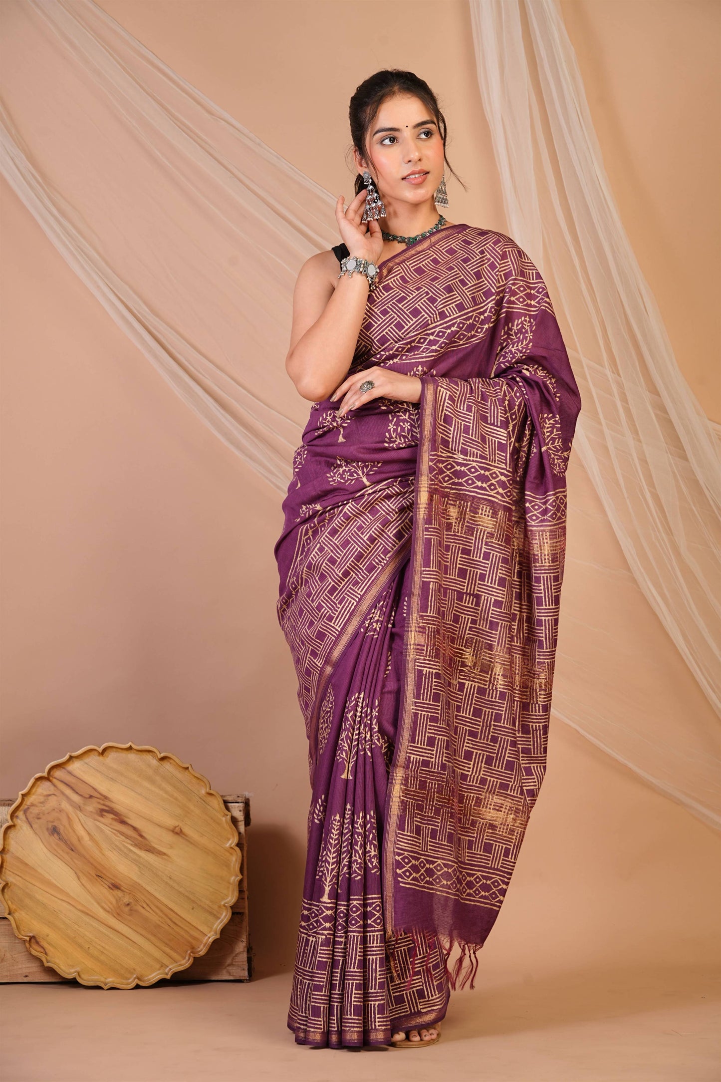 Anuttara Bhagalpuri Purple Jay Shree Cotton Fine Golden Foil Print Saree with Unstitched Blouse_AFS1424-FS
