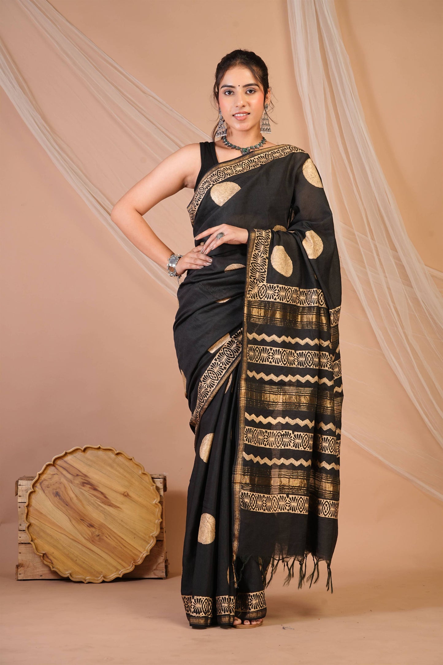 Anuttara Bhagalpuri Black Jay Shree Cotton Fine Golden Foil Print Saree with Unstitched Blouse_AFS1425-FS