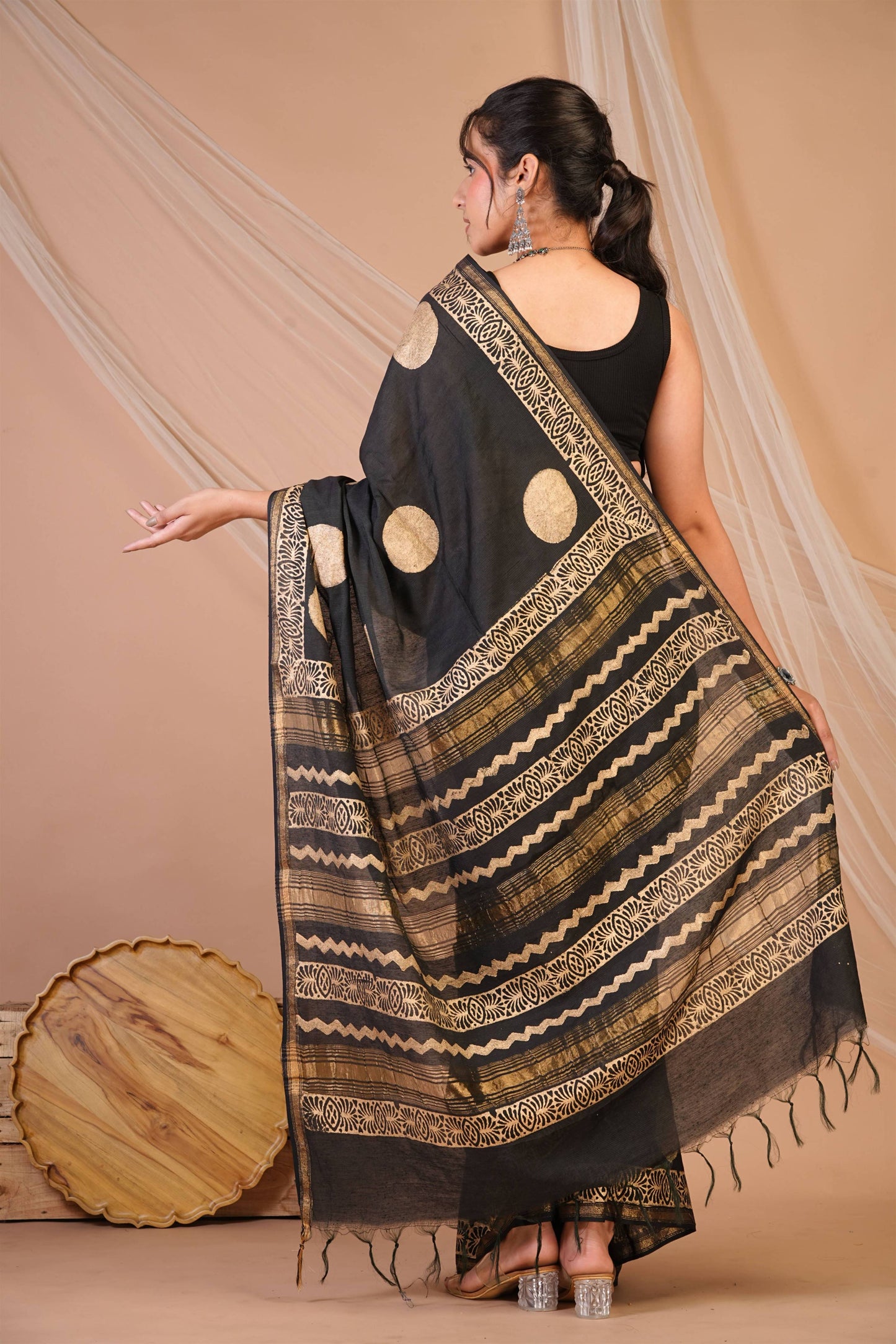 Anuttara Bhagalpuri Black Jay Shree Cotton Fine Golden Foil Print Saree with Unstitched Blouse_AFS1425-FS