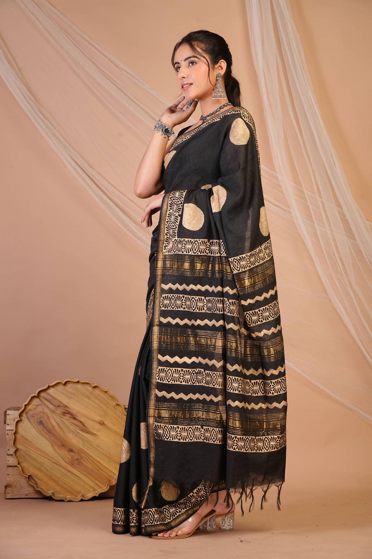 Anuttara Bhagalpuri Black Jay Shree Cotton Fine Golden Foil Print Saree with Unstitched Blouse_AFS1425-FS