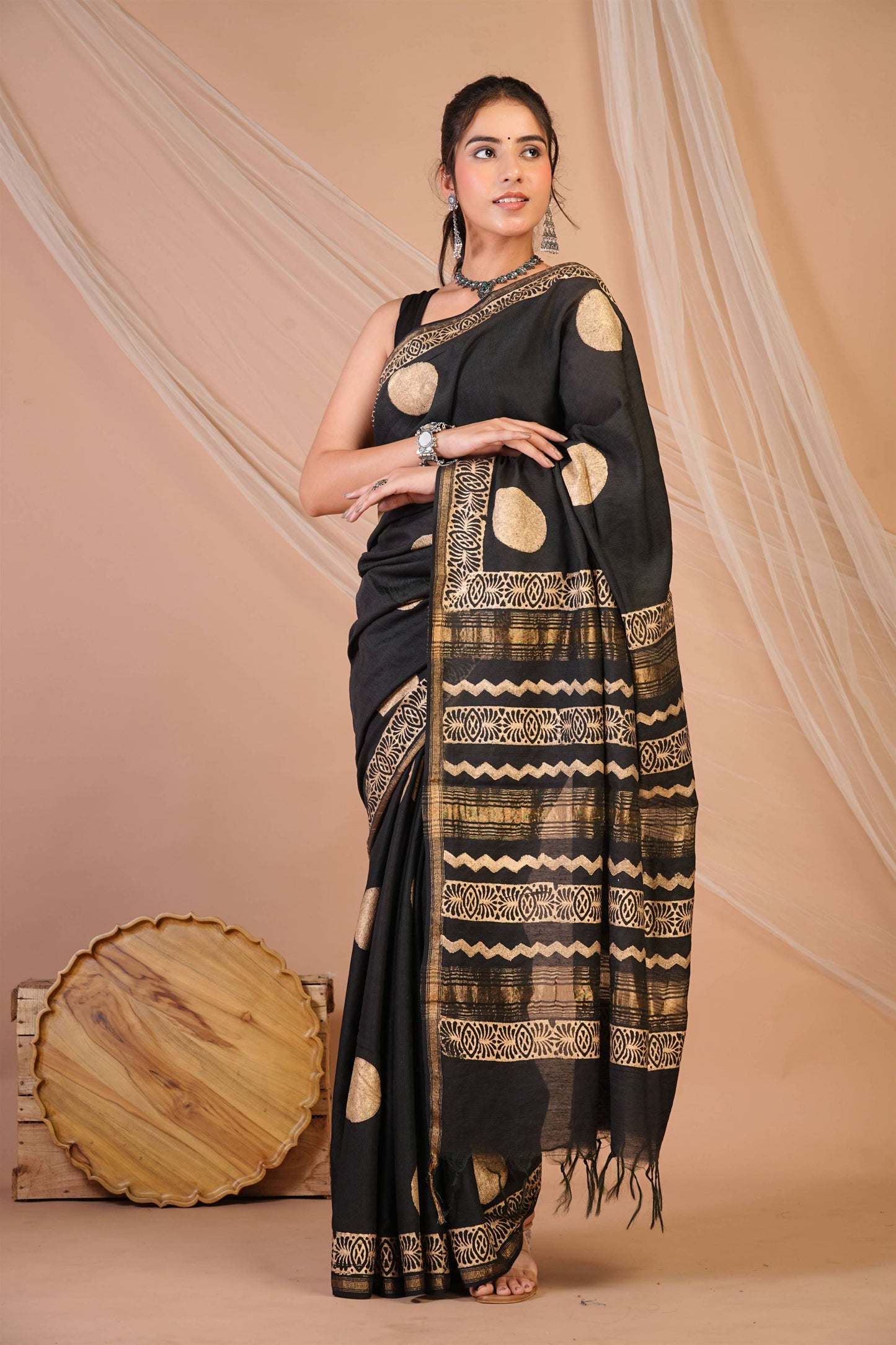 Anuttara Bhagalpuri Black Jay Shree Cotton Fine Golden Foil Print Saree with Unstitched Blouse_AFS1425-FS
