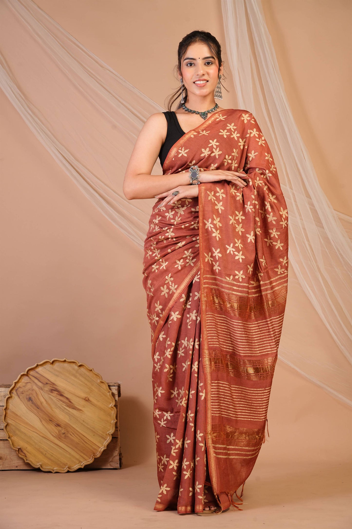 Anuttara Bhagalpuri Rust Jay Shree Cotton Fine Golden Foil Print Saree with Unstitched Blouse_AFS1426-FS