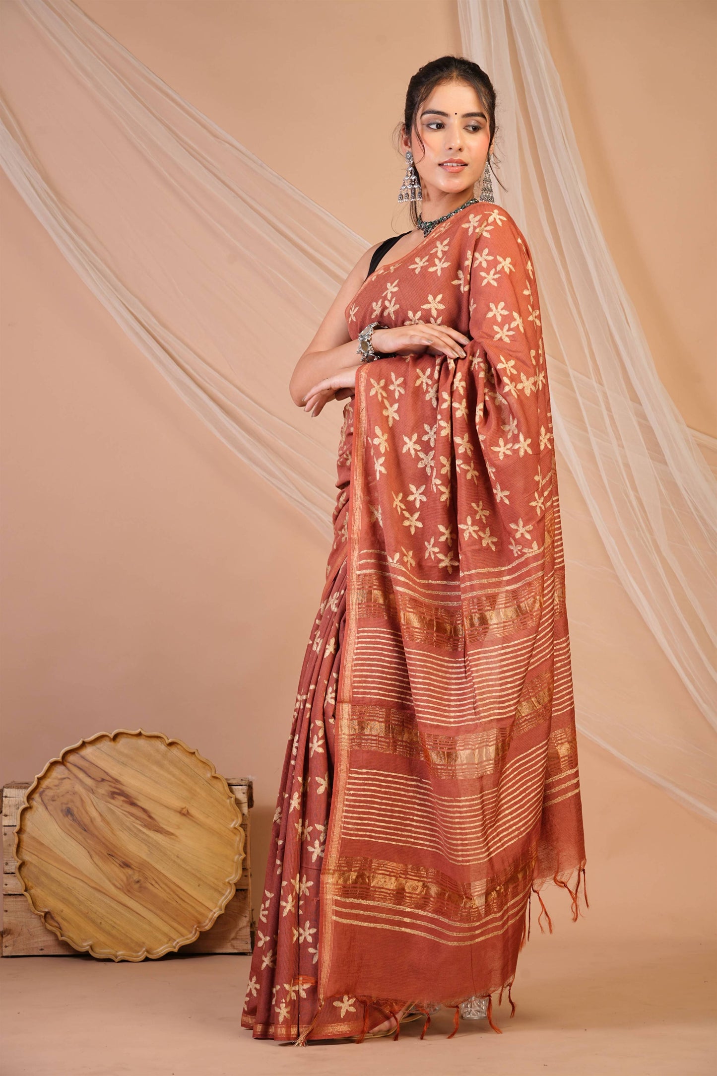Anuttara Bhagalpuri Rust Jay Shree Cotton Fine Golden Foil Print Saree with Unstitched Blouse_AFS1426-FS