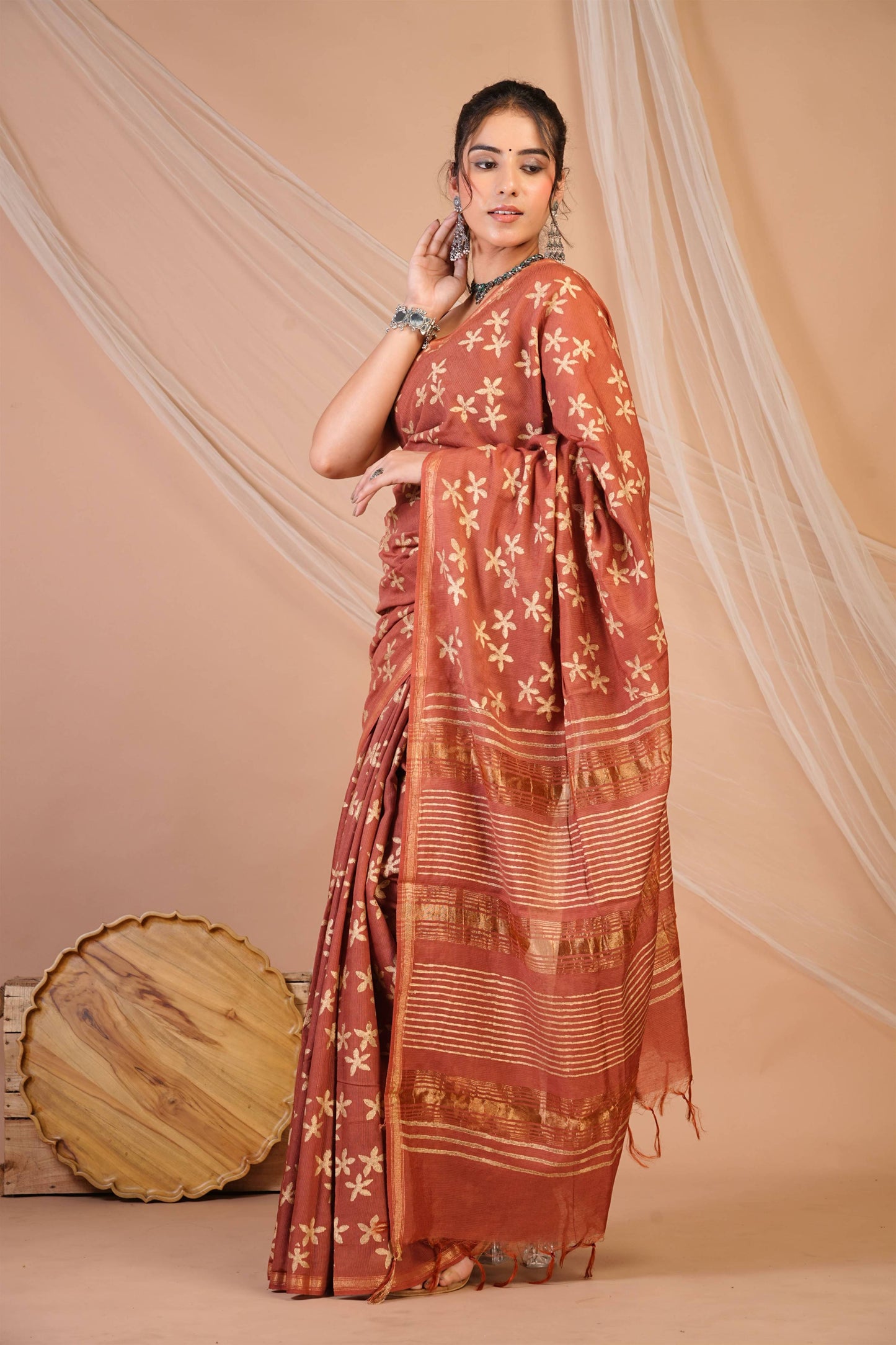 Anuttara Bhagalpuri Rust Jay Shree Cotton Fine Golden Foil Print Saree with Unstitched Blouse_AFS1426-FS