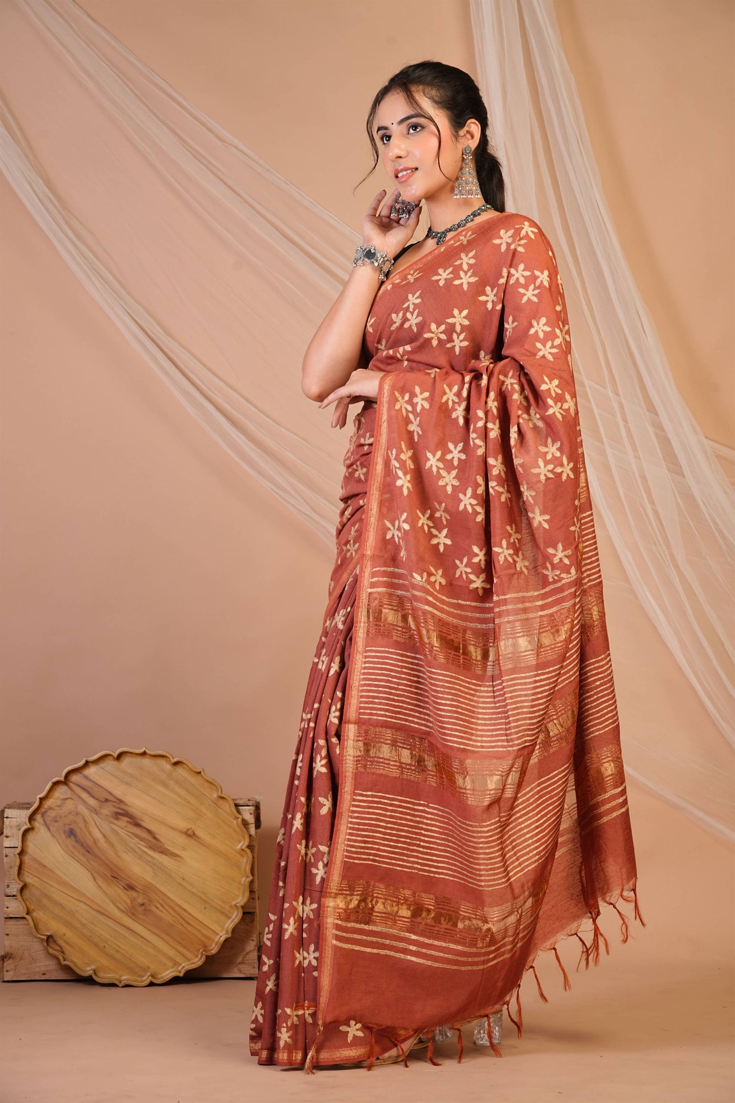 Anuttara Bhagalpuri Rust Jay Shree Cotton Fine Golden Foil Print Saree with Unstitched Blouse_AFS1426-FS