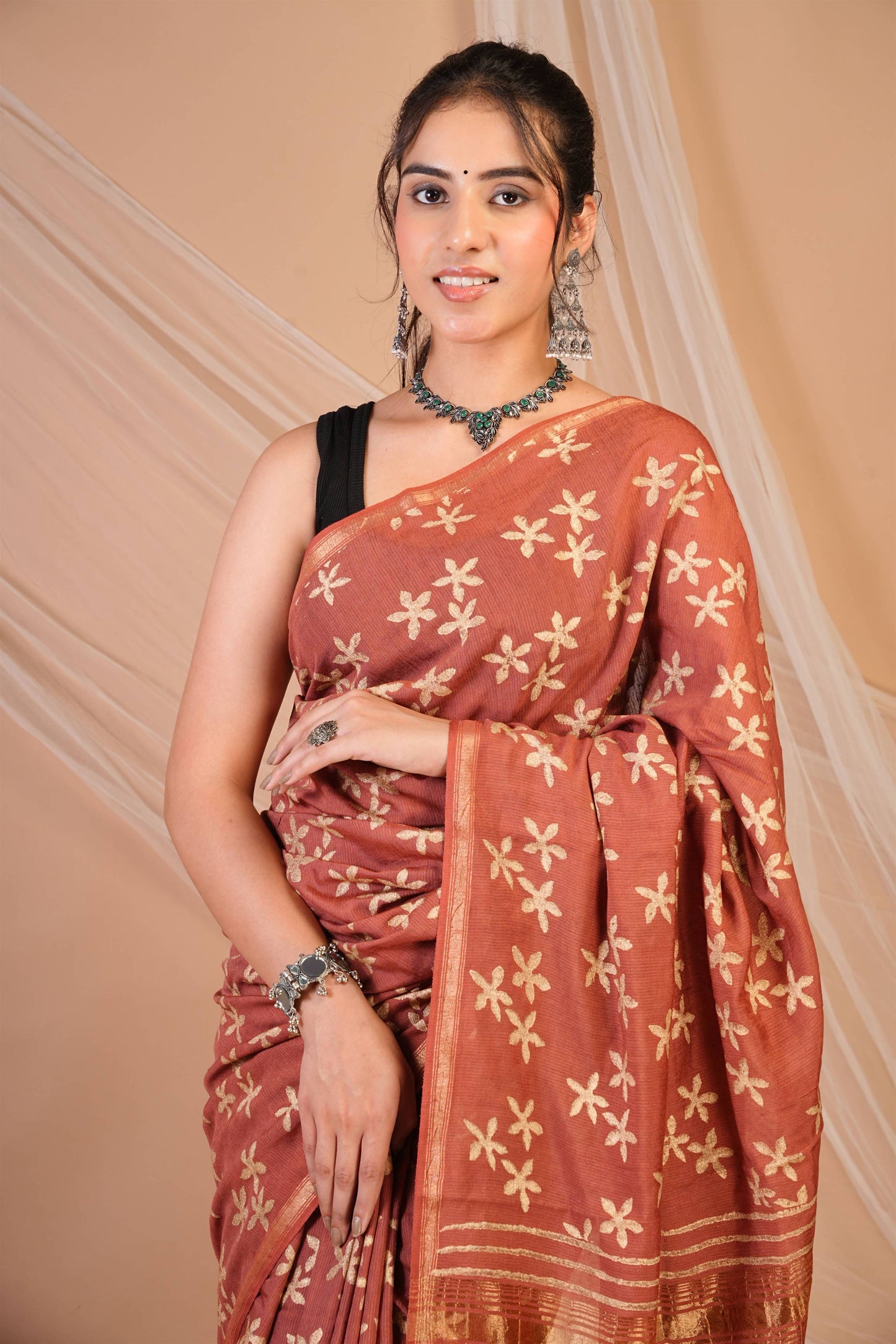 Anuttara Bhagalpuri Rust Jay Shree Cotton Fine Golden Foil Print Saree with Unstitched Blouse_AFS1426-FS