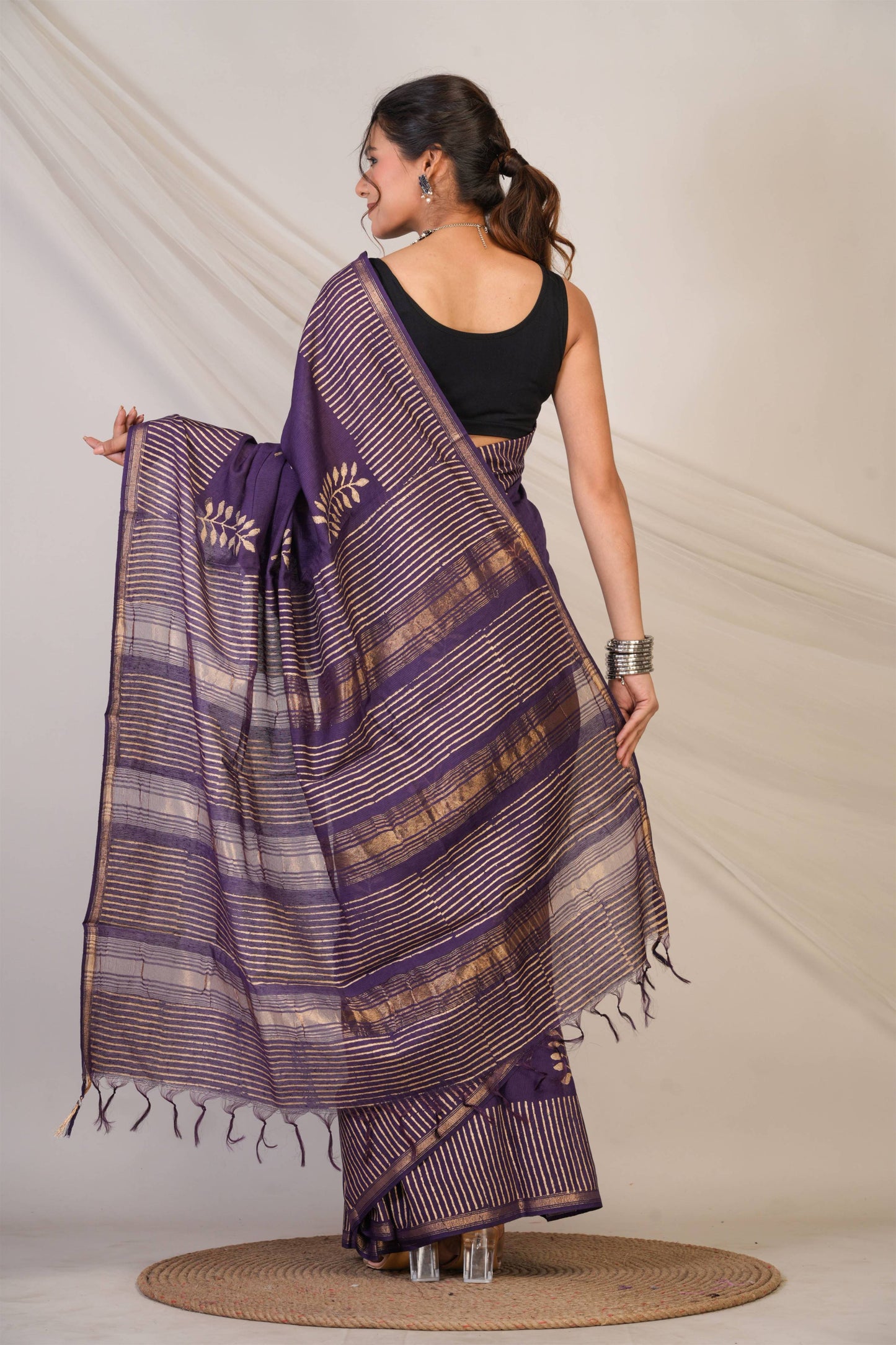 Anuttara Bhagalpuri Wine Jay Shree Cotton Fine Golden Foil Print Saree with Unstitched Blouse_AFS1427-FS