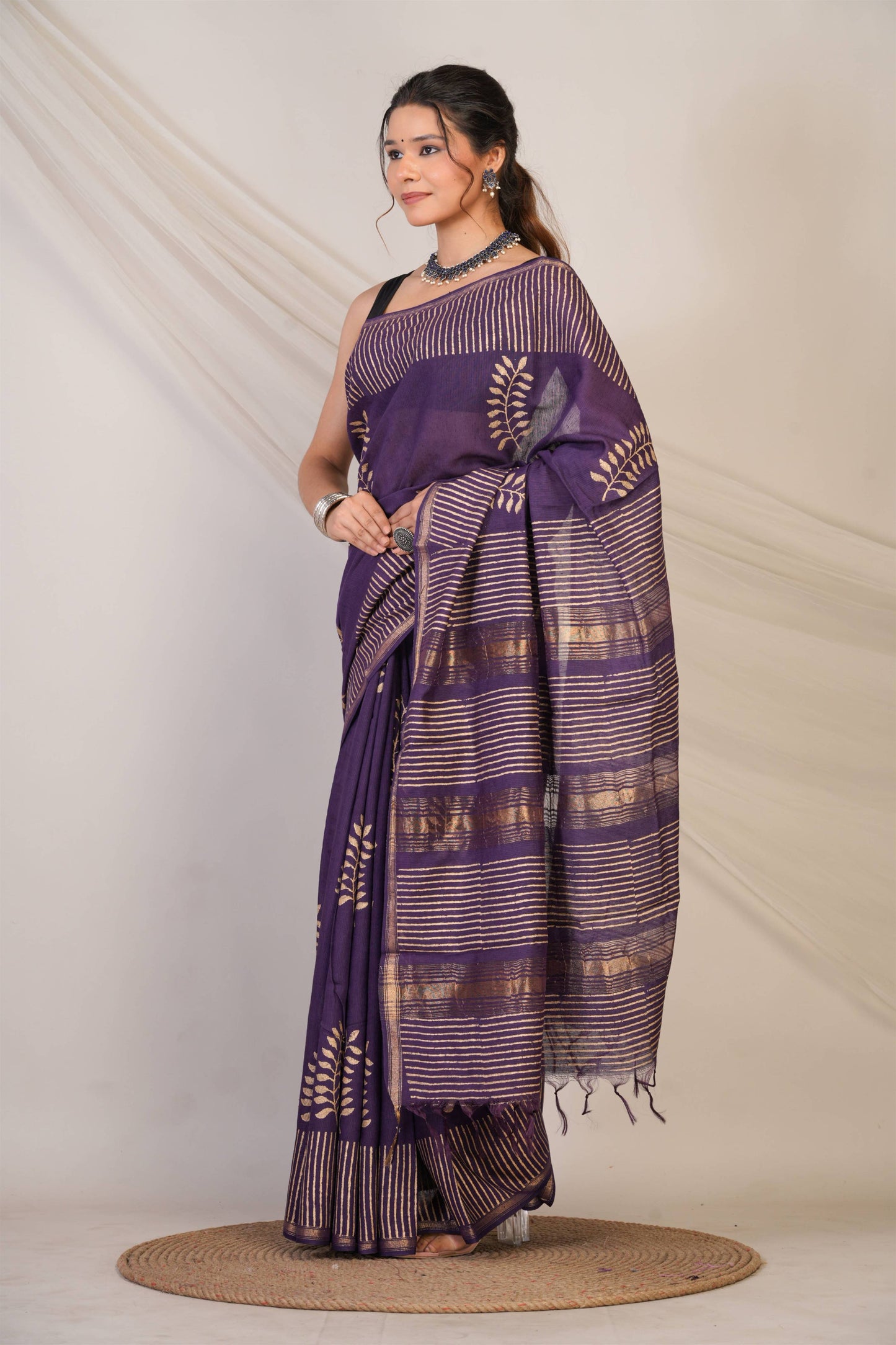 Anuttara Bhagalpuri Wine Jay Shree Cotton Fine Golden Foil Print Saree with Unstitched Blouse_AFS1427-FS