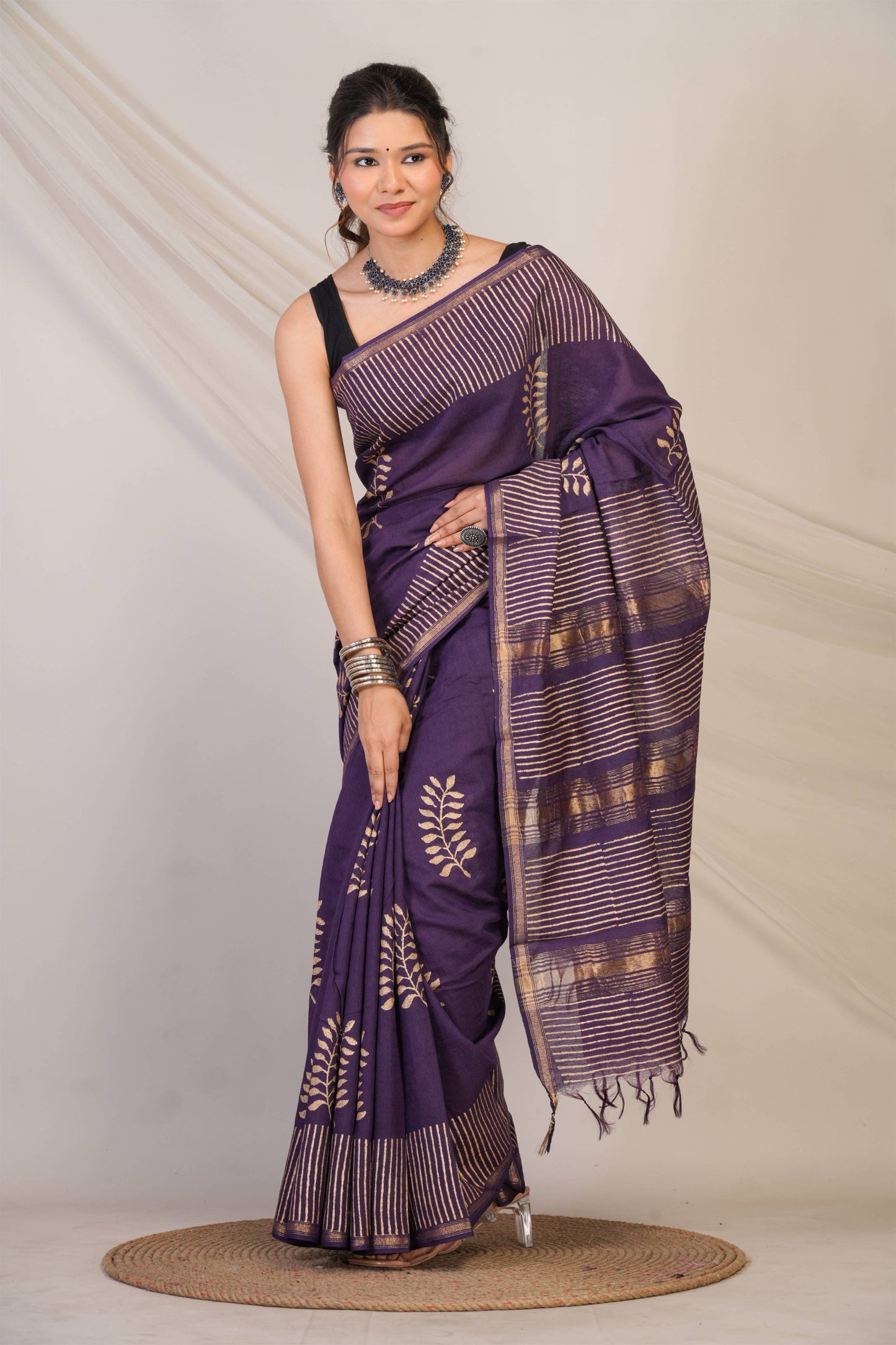 Anuttara Bhagalpuri Wine Jay Shree Cotton Fine Golden Foil Print Saree with Unstitched Blouse_AFS1427-FS