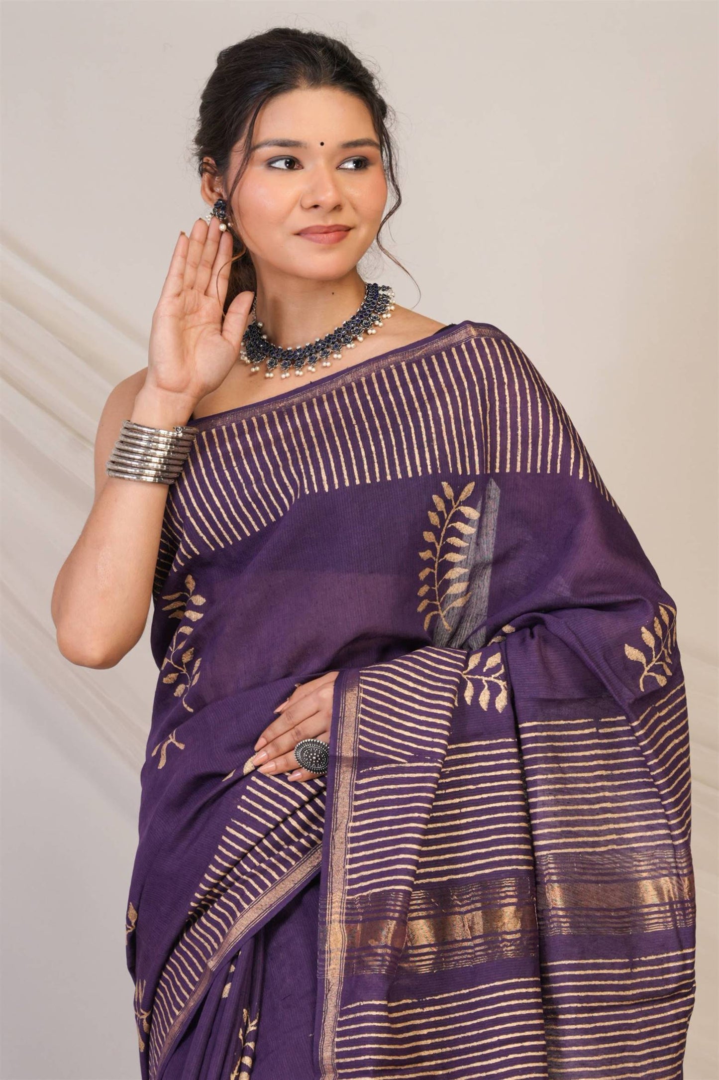 Anuttara Bhagalpuri Wine Jay Shree Cotton Fine Golden Foil Print Saree with Unstitched Blouse_AFS1427-FS