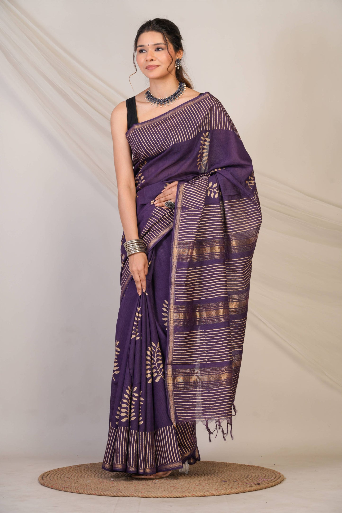 Anuttara Bhagalpuri Wine Jay Shree Cotton Fine Golden Foil Print Saree with Unstitched Blouse_AFS1427-FS