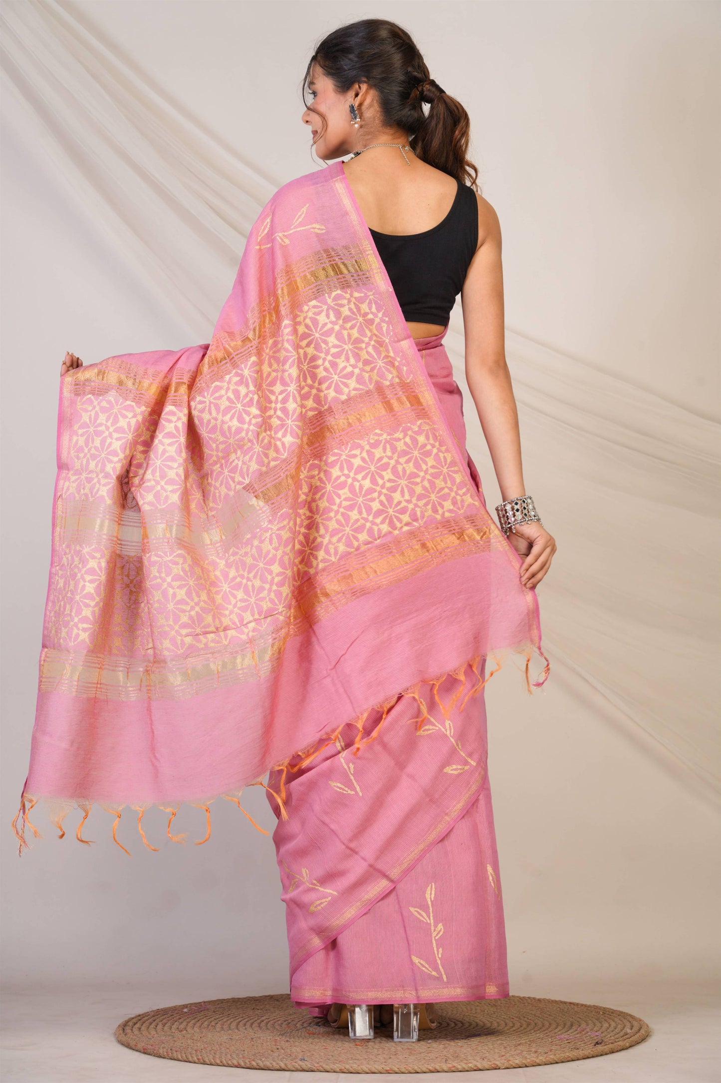 Anuttara Bhagalpuri Pink Jay Shree Cotton Fine Golden Foil Print Saree with Unstitched Blouse_AFS1428-FS