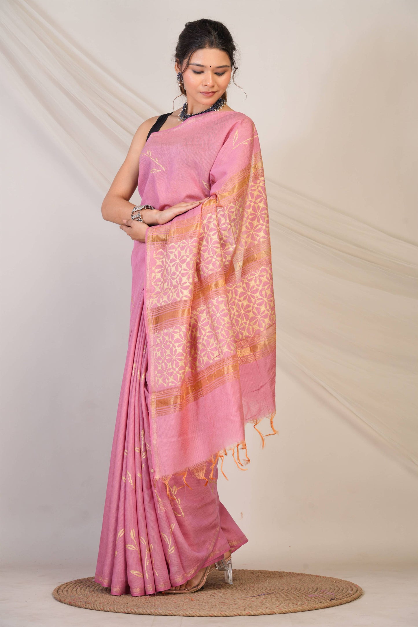 Anuttara Bhagalpuri Pink Jay Shree Cotton Fine Golden Foil Print Saree with Unstitched Blouse_AFS1428-FS