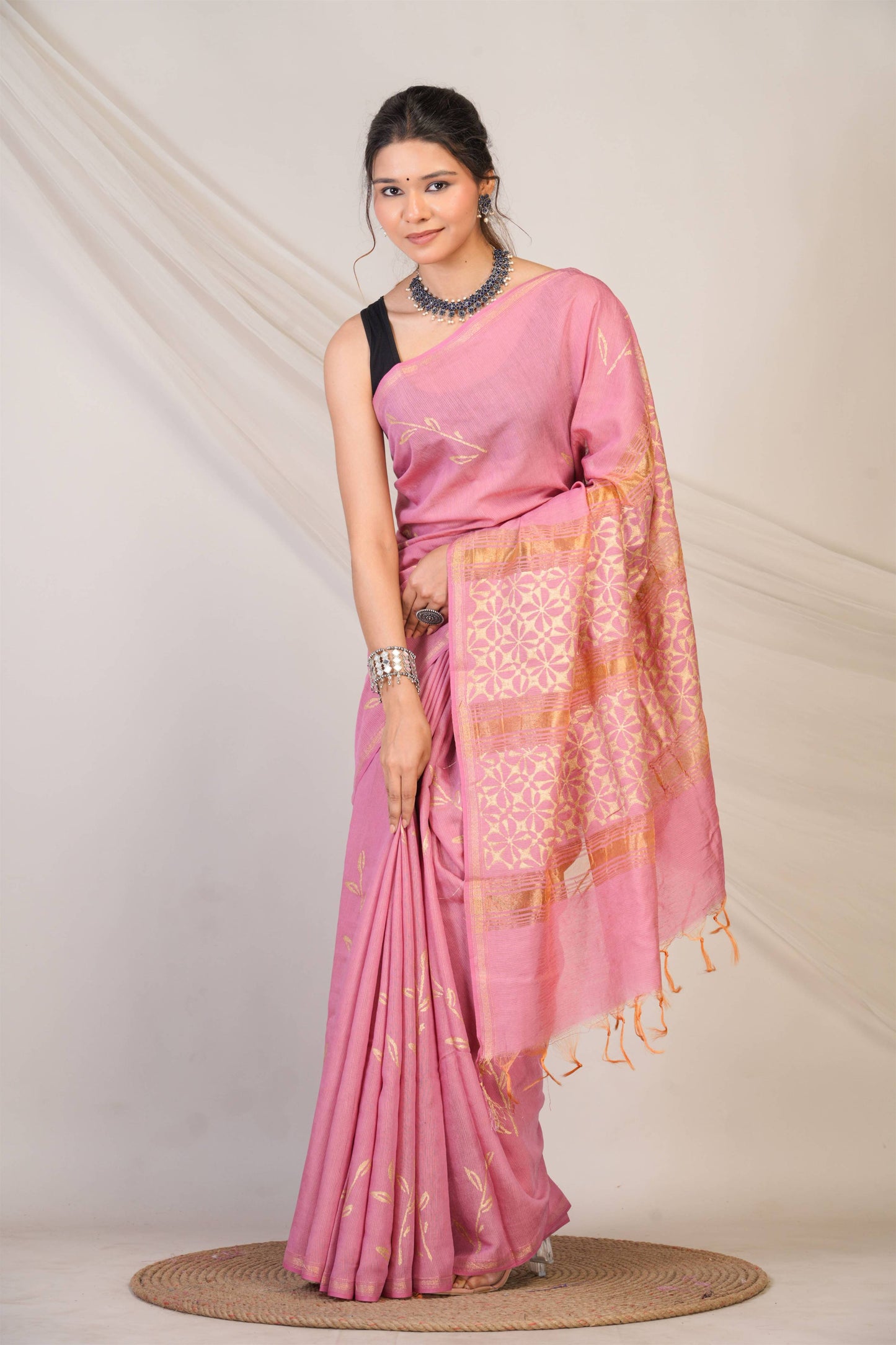 Anuttara Bhagalpuri Pink Jay Shree Cotton Fine Golden Foil Print Saree with Unstitched Blouse_AFS1428-FS