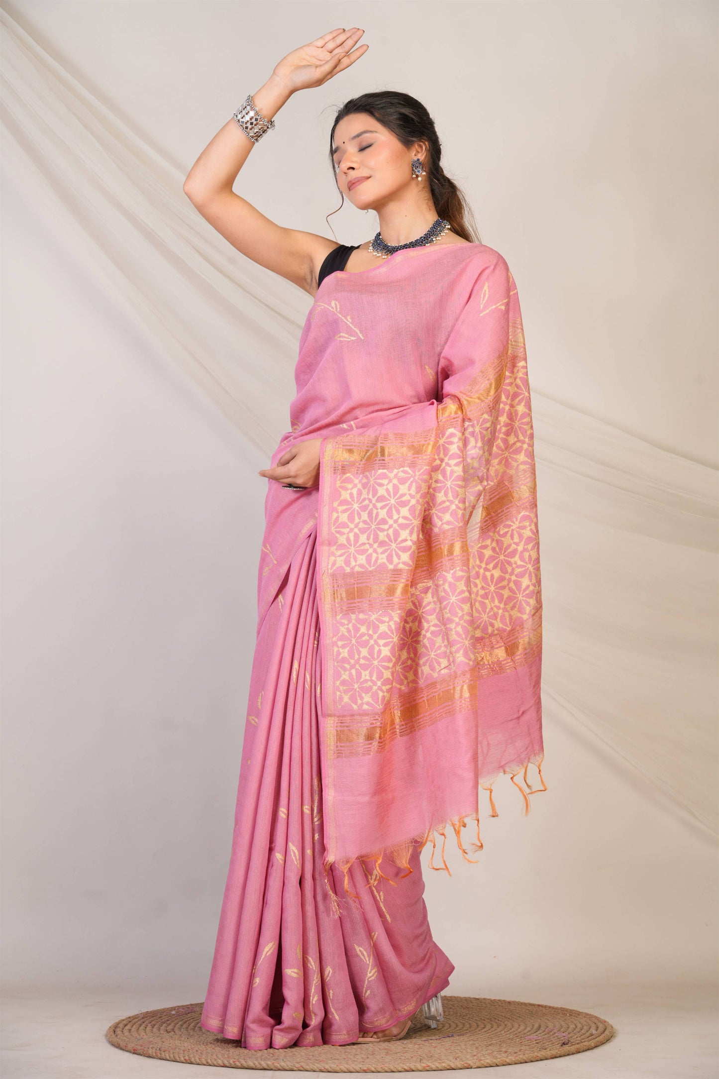Anuttara Bhagalpuri Pink Jay Shree Cotton Fine Golden Foil Print Saree with Unstitched Blouse_AFS1428-FS