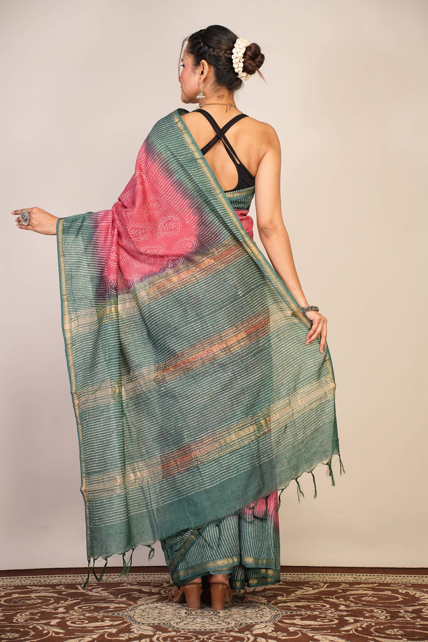 Anuttara Bhagalpuri Pink::Green Jay Shree Cotton Fine Paisley Saree with Unstitched Blouse_AFS1429-FS