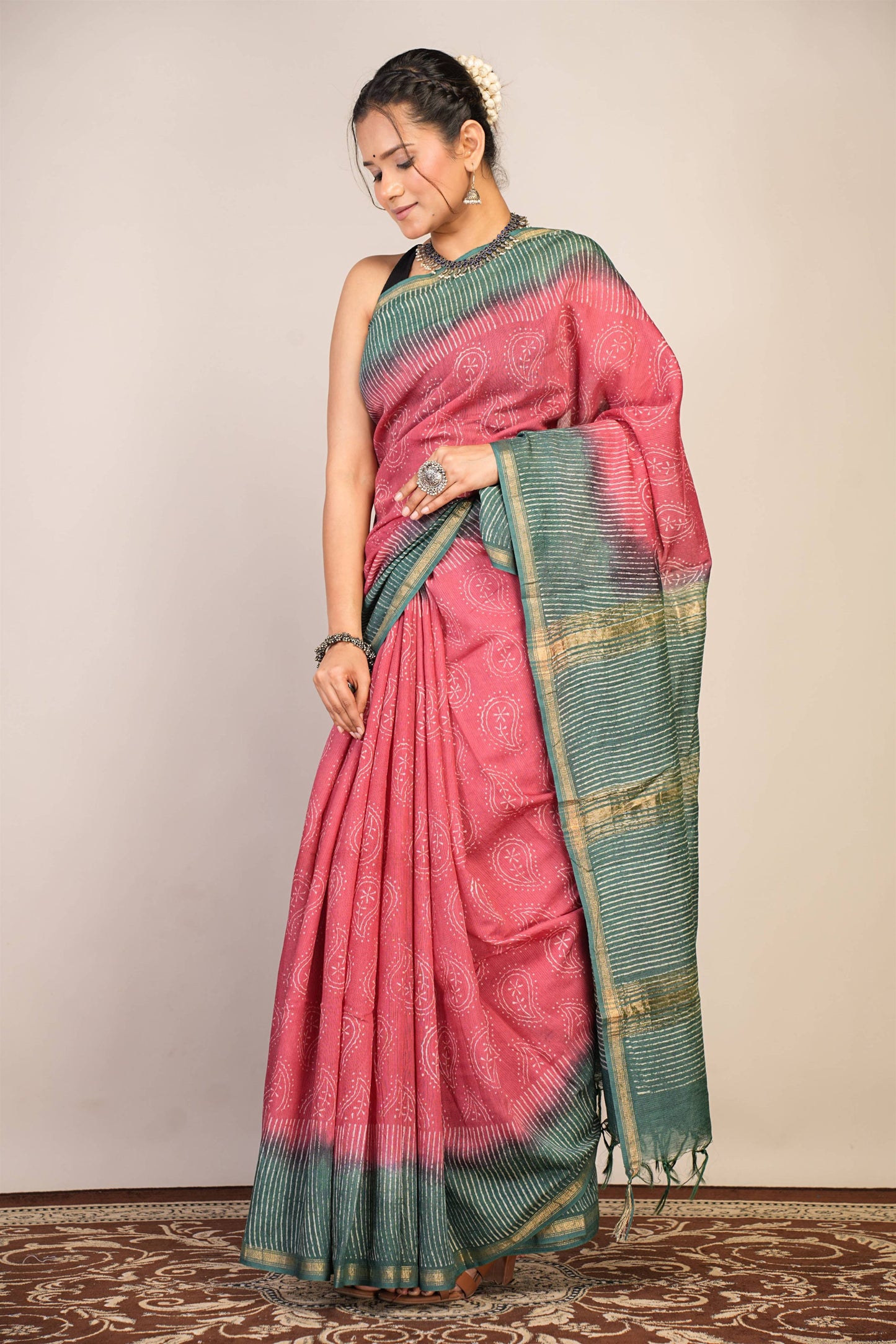 Anuttara Bhagalpuri Pink::Green Jay Shree Cotton Fine Paisley Saree with Unstitched Blouse_AFS1429-FS
