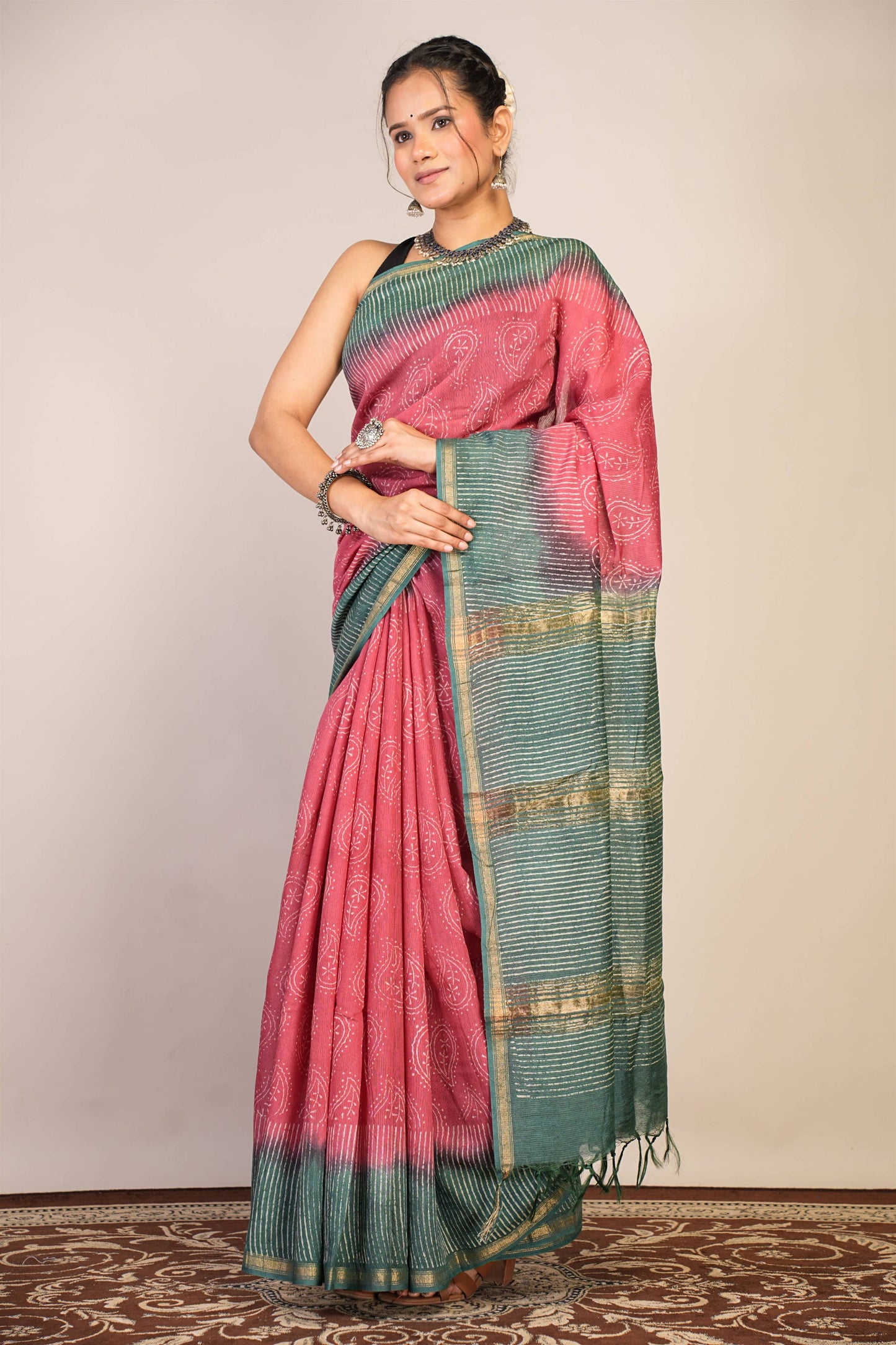 Anuttara Bhagalpuri Pink::Green Jay Shree Cotton Fine Paisley Saree with Unstitched Blouse_AFS1429-FS