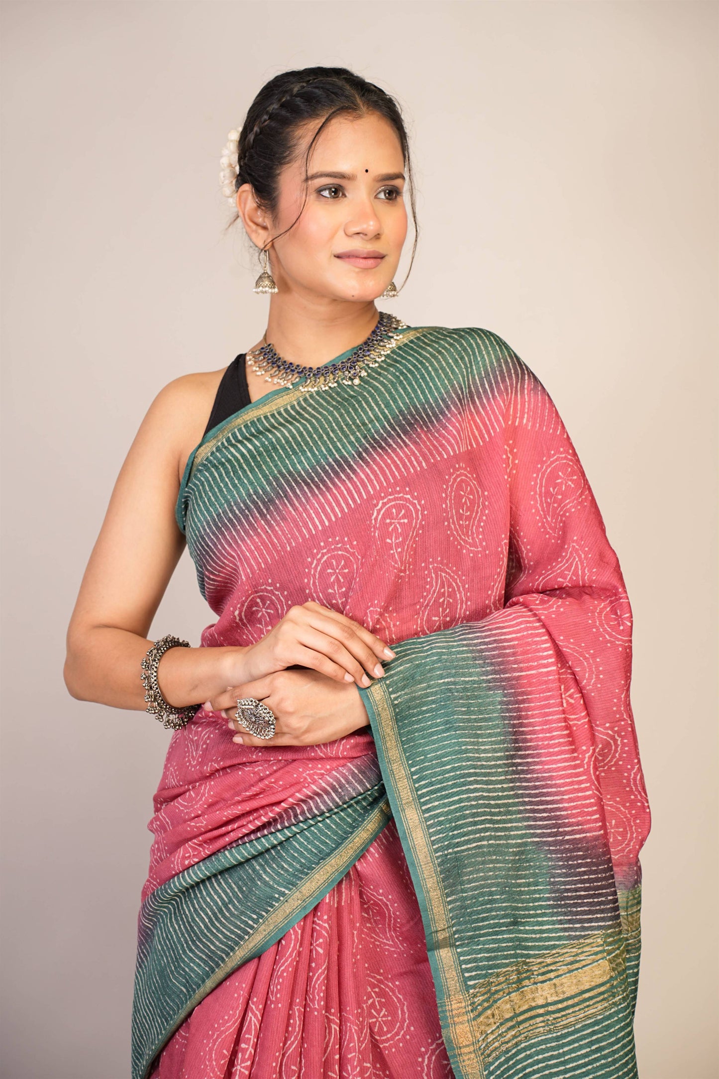 Anuttara Bhagalpuri Pink::Green Jay Shree Cotton Fine Paisley Saree with Unstitched Blouse_AFS1429-FS