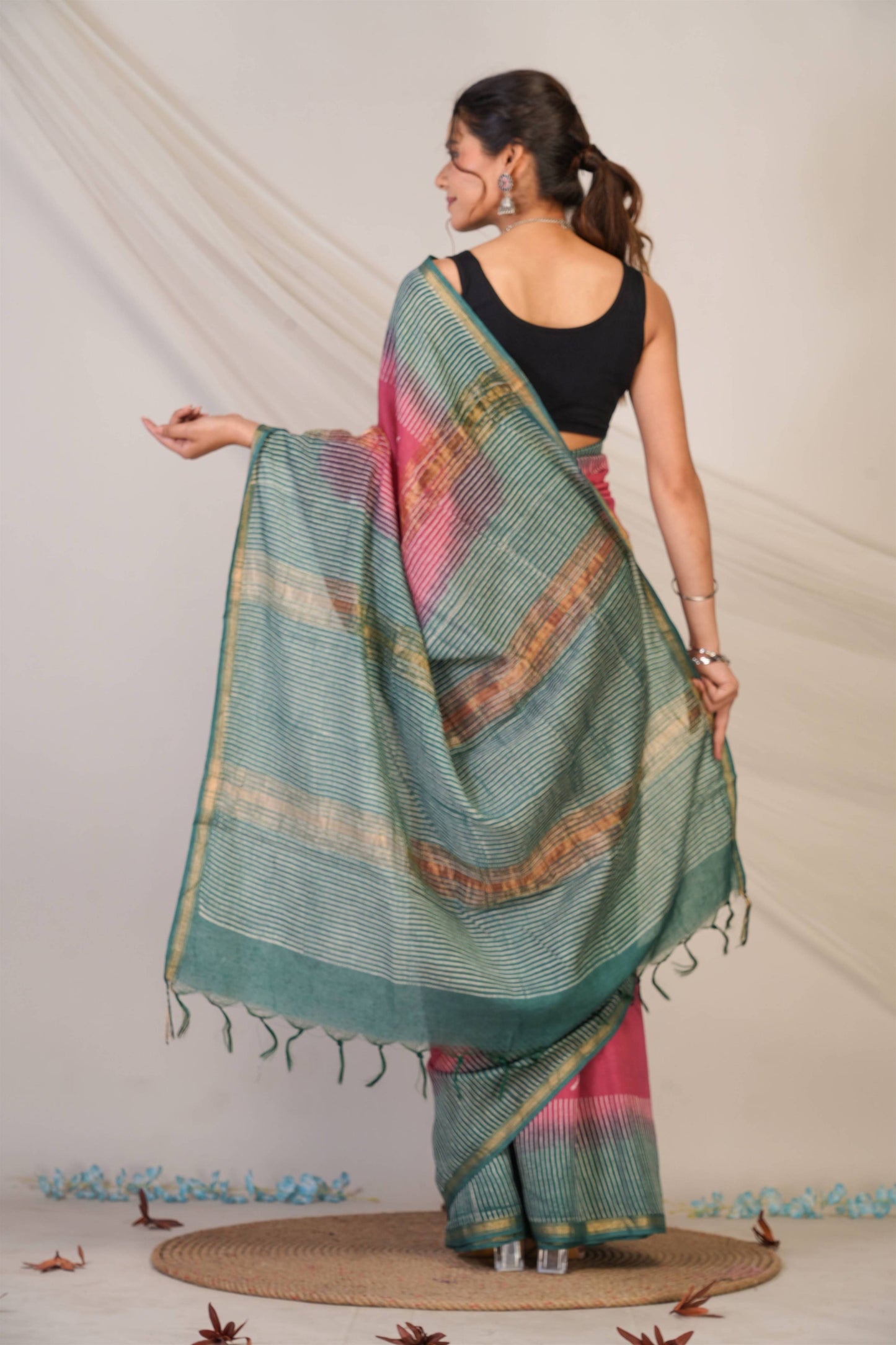 Anuttara Bhagalpuri Pink::Green Jay Shree Cotton Fine Floral Saree with Unstitched Blouse_AFS1430-FS