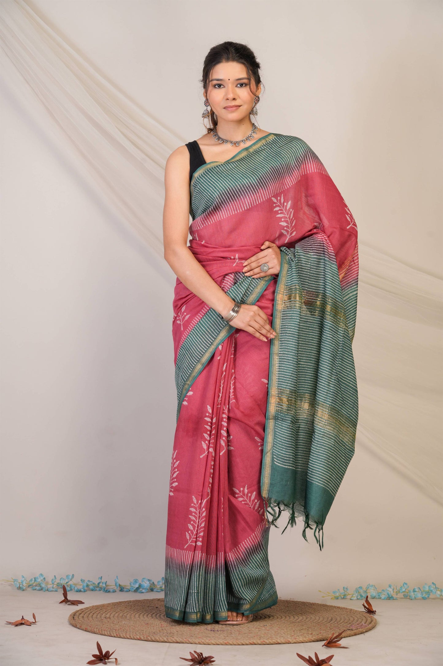Anuttara Bhagalpuri Pink::Green Jay Shree Cotton Fine Floral Saree with Unstitched Blouse_AFS1430-FS