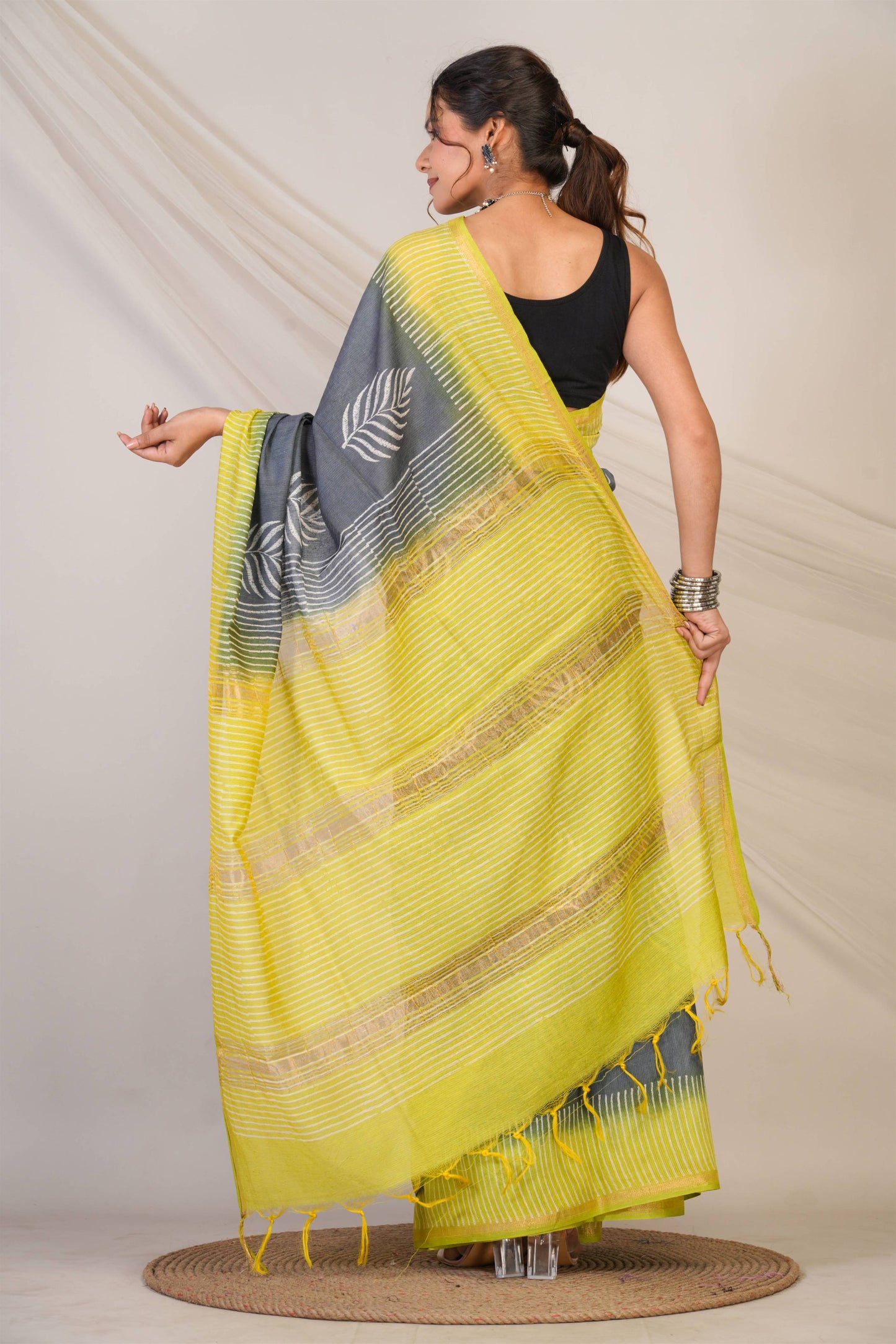 Anuttara Bhagalpuri Grey::Green Jay Shree Cotton Fine Floral Saree with Unstitched Blouse_AFS1431-FS