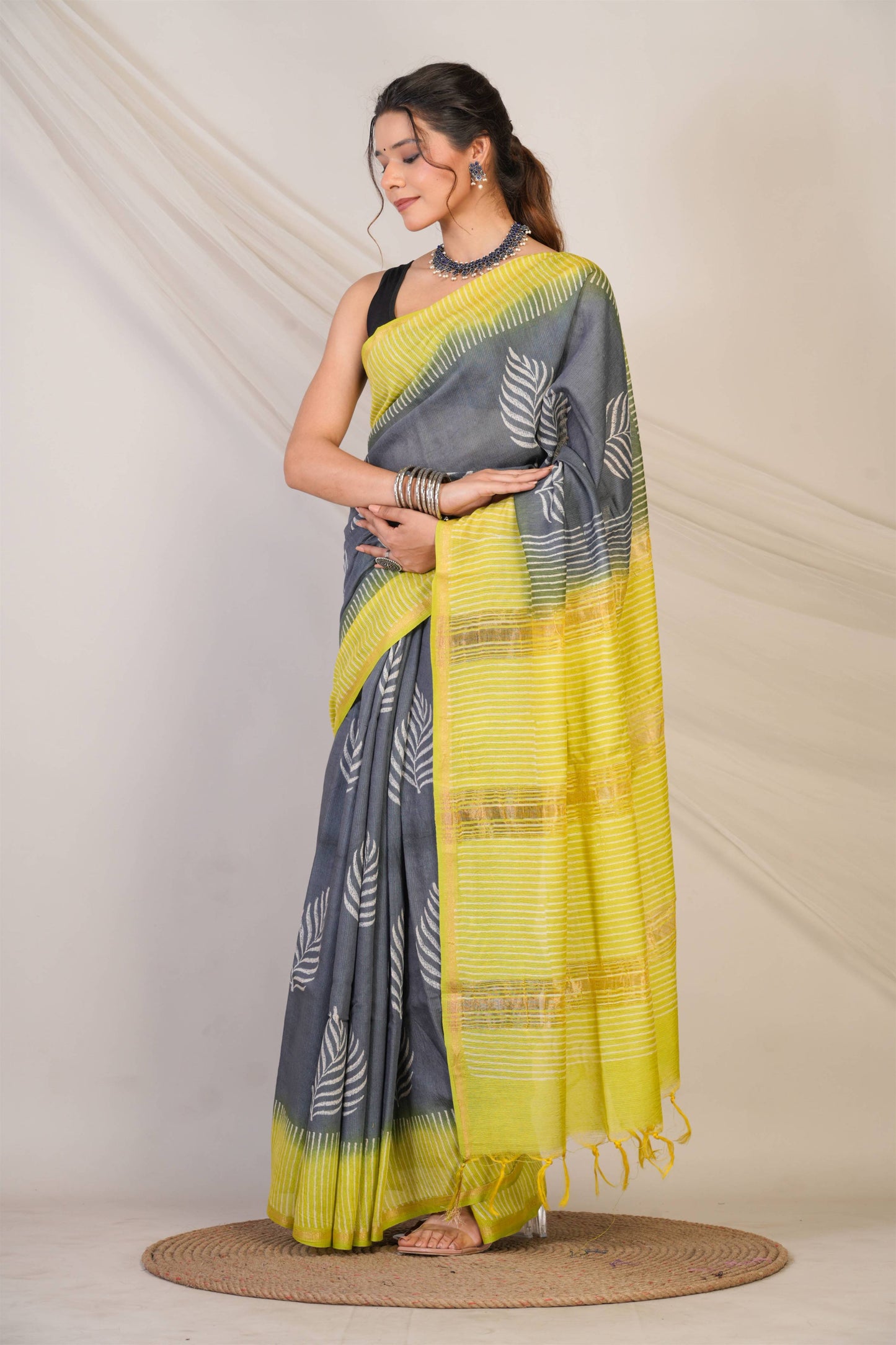 Anuttara Bhagalpuri Grey::Green Jay Shree Cotton Fine Floral Saree with Unstitched Blouse_AFS1431-FS