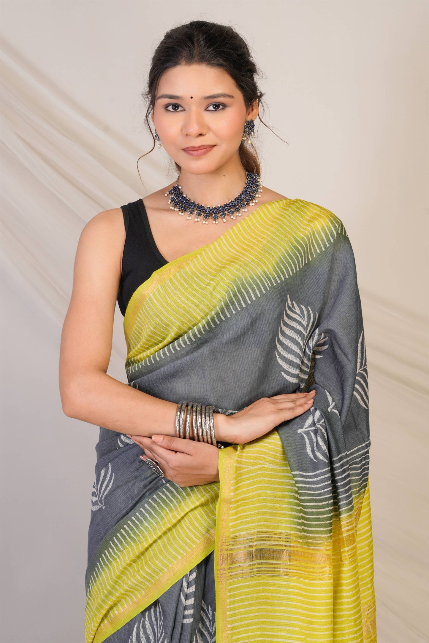 Anuttara Bhagalpuri Grey::Green Jay Shree Cotton Fine Floral Saree with Unstitched Blouse_AFS1431-FS