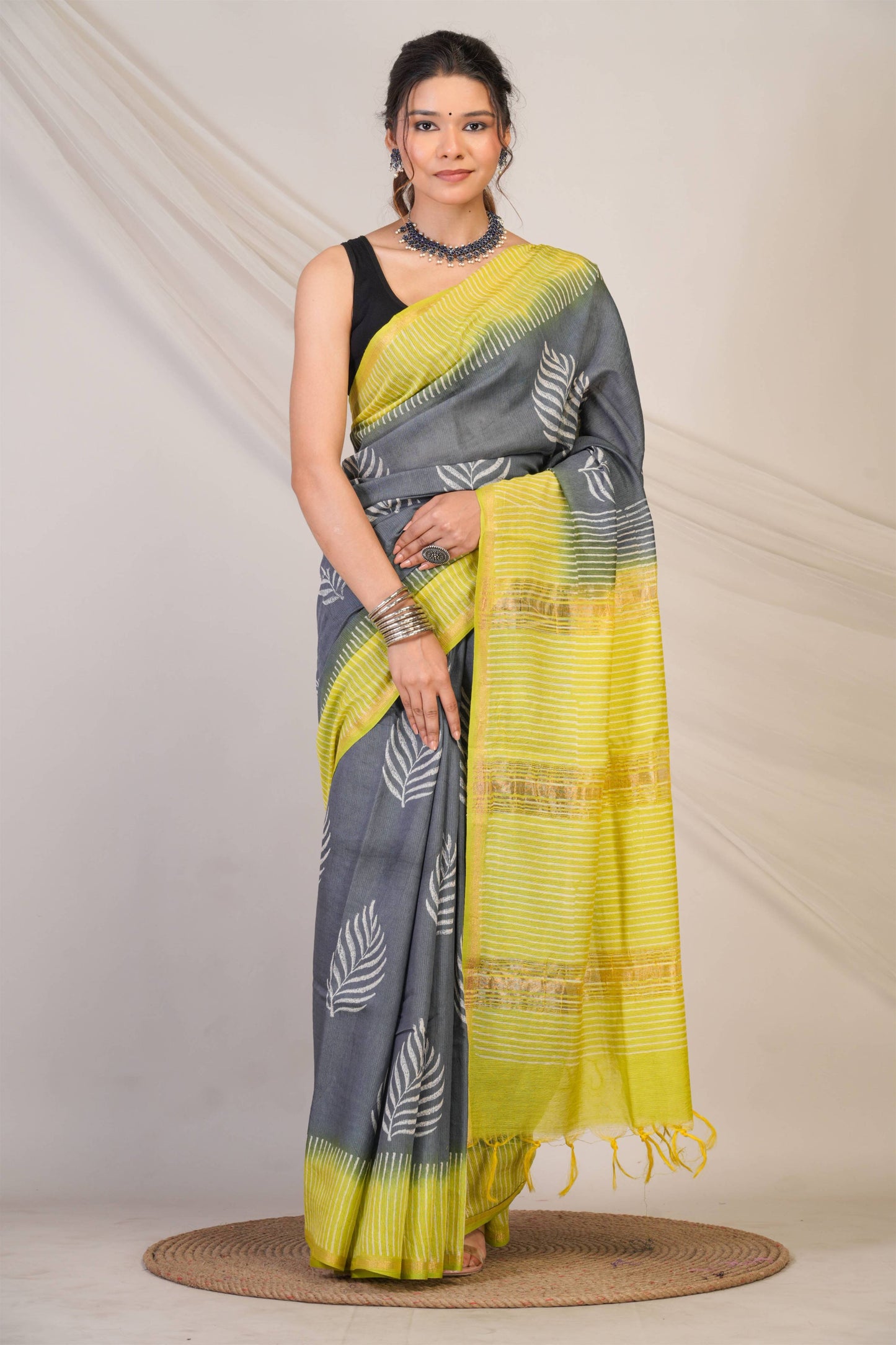 Anuttara Bhagalpuri Grey::Green Jay Shree Cotton Fine Floral Saree with Unstitched Blouse_AFS1431-FS