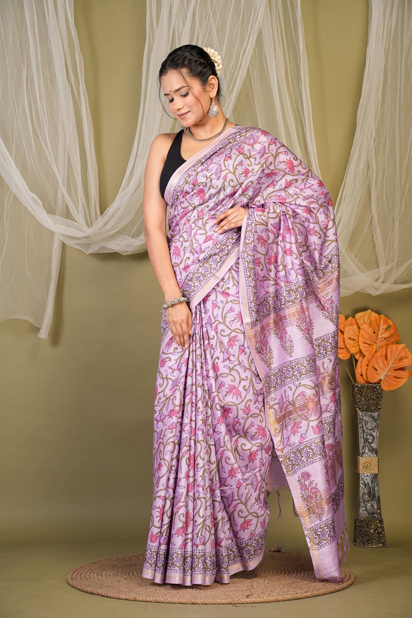 Anuttara Bhagalpuri Levender Jay Shree Cotton Fine Floral Saree with Unstitched Blouse_AFS1432-FS
