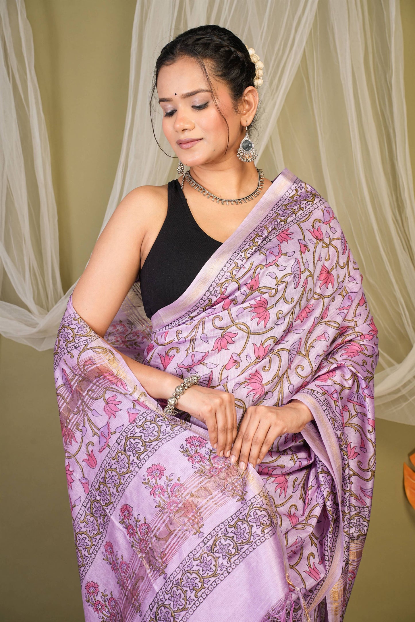 Anuttara Bhagalpuri Levender Jay Shree Cotton Fine Floral Saree with Unstitched Blouse_AFS1432-FS