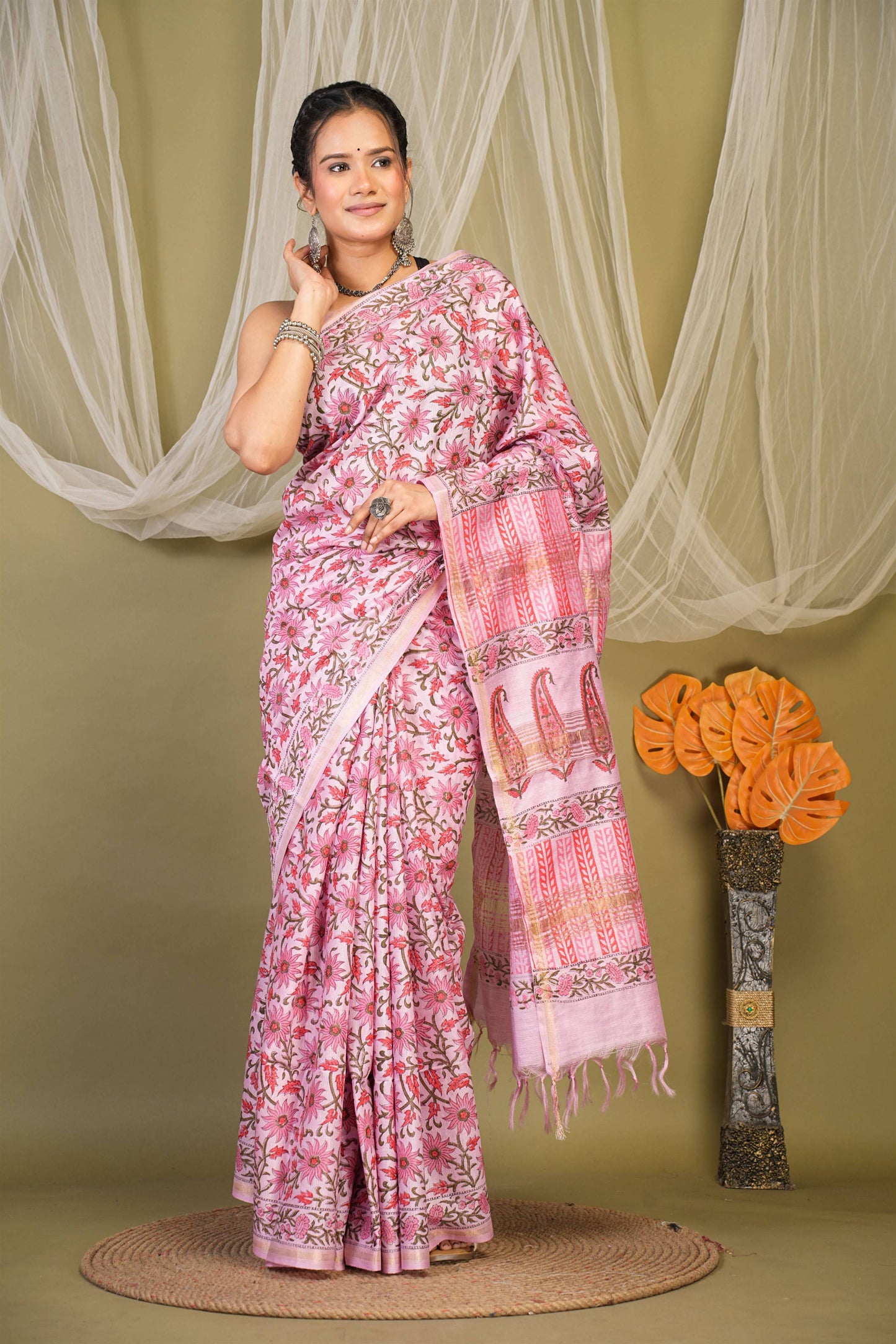 Anuttara Bhagalpuri Pink Jay Shree Cotton Fine Floral Saree with Unstitched Blouse_AFS1433-FS