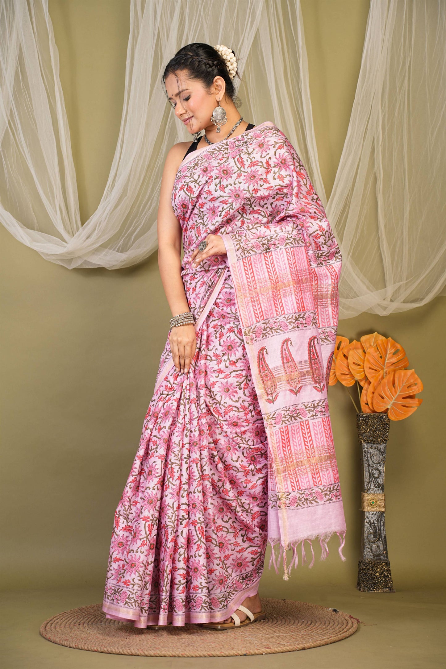 Anuttara Bhagalpuri Pink Jay Shree Cotton Fine Floral Saree with Unstitched Blouse_AFS1433-FS