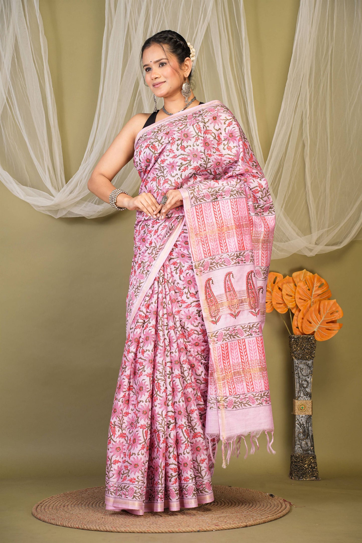 Anuttara Bhagalpuri Pink Jay Shree Cotton Fine Floral Saree with Unstitched Blouse_AFS1433-FS