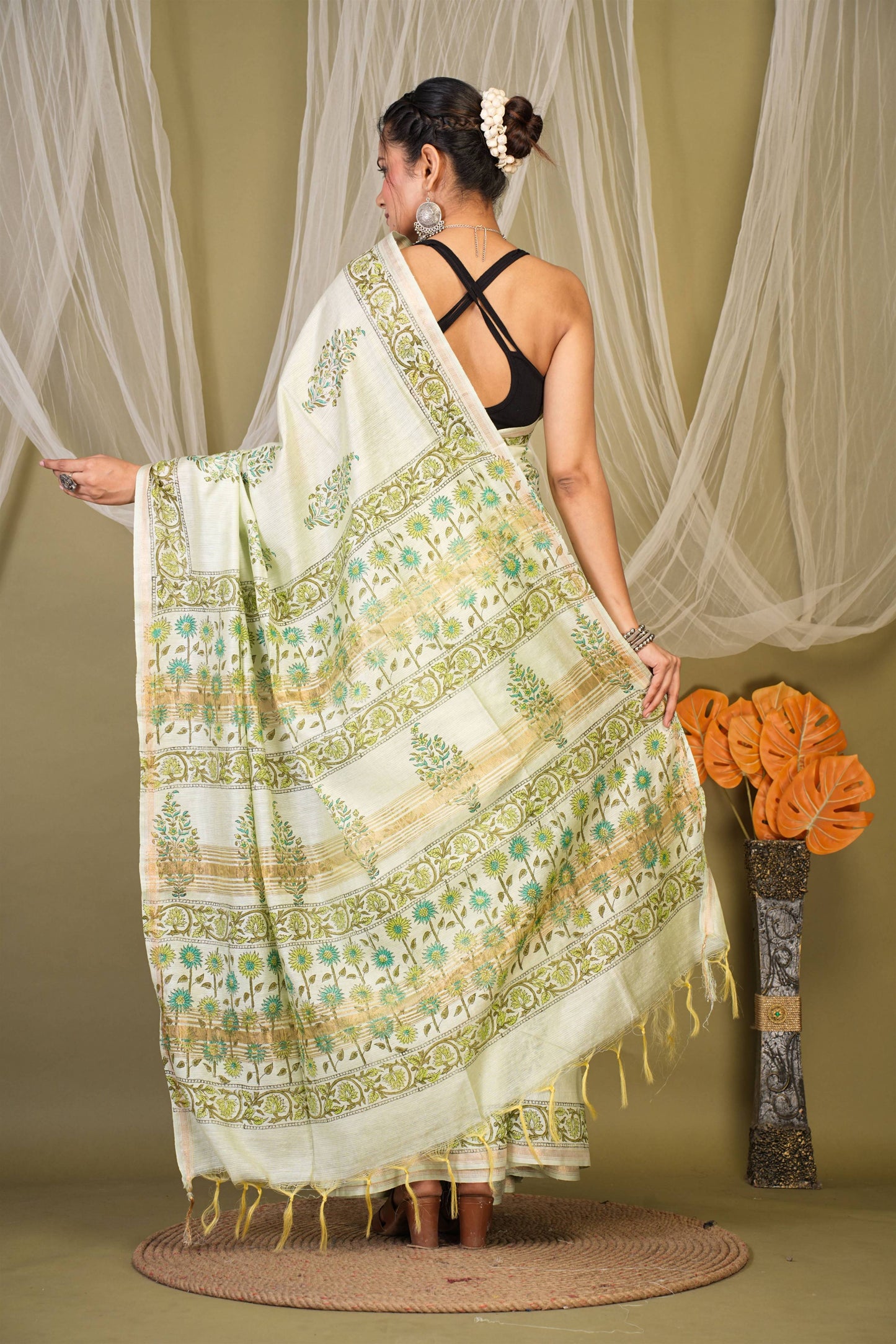 Anuttara Bhagalpuri Pista Green Jay Shree Cotton Fine Floral Saree with Unstitched Blouse_AFS1434-FS