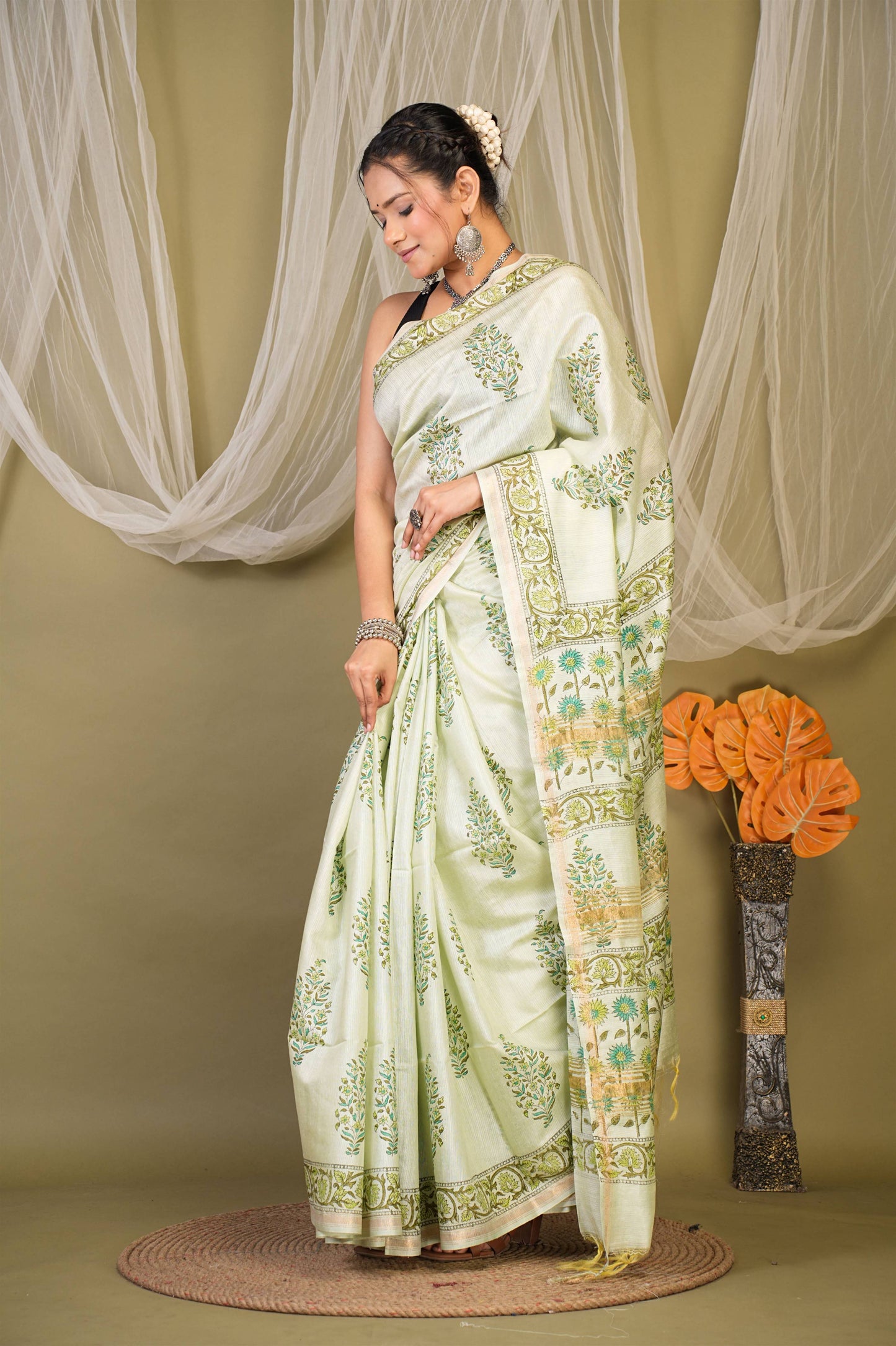 Anuttara Bhagalpuri Pista Green Jay Shree Cotton Fine Floral Saree with Unstitched Blouse_AFS1434-FS