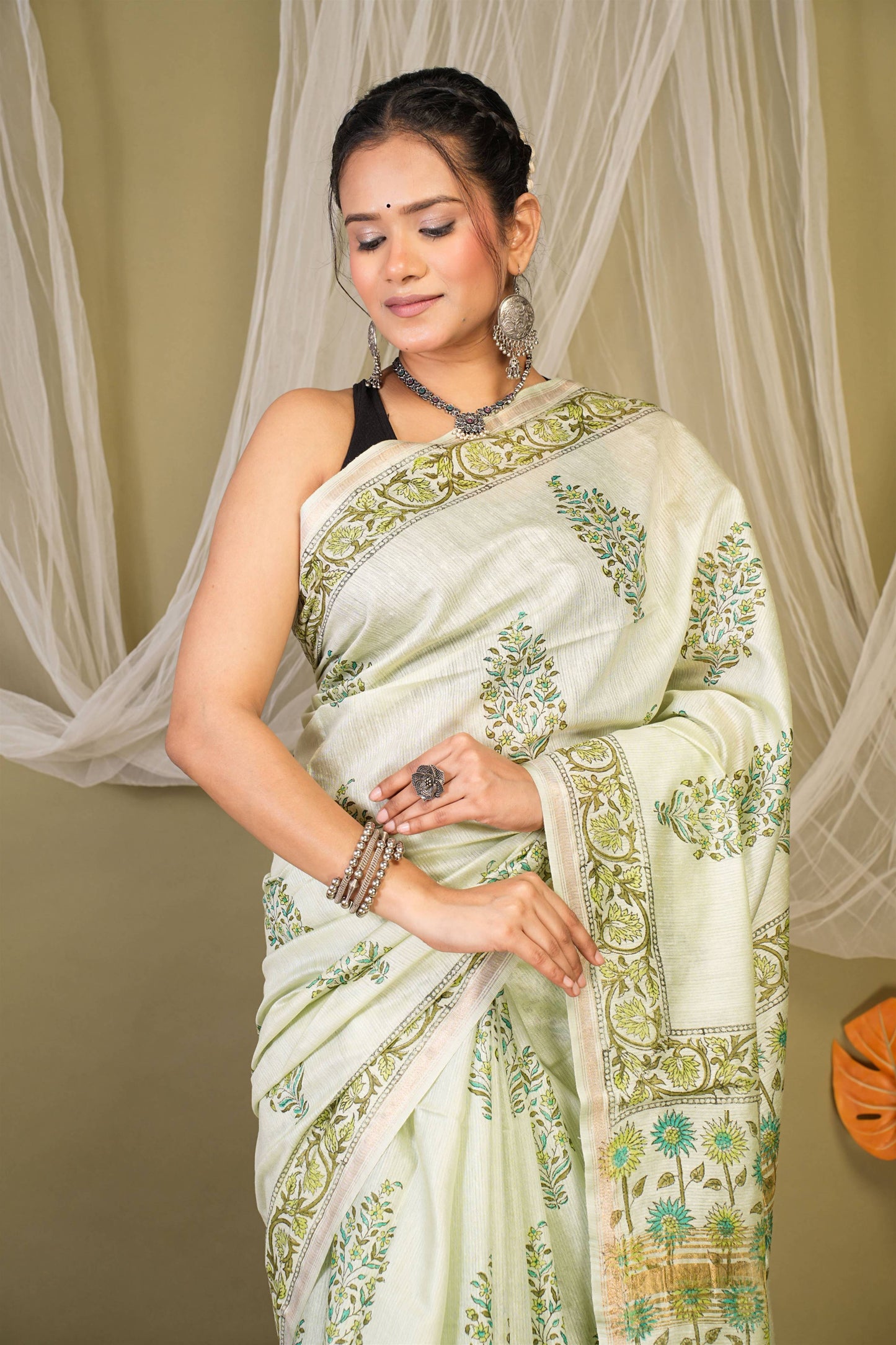 Anuttara Bhagalpuri Pista Green Jay Shree Cotton Fine Floral Saree with Unstitched Blouse_AFS1434-FS