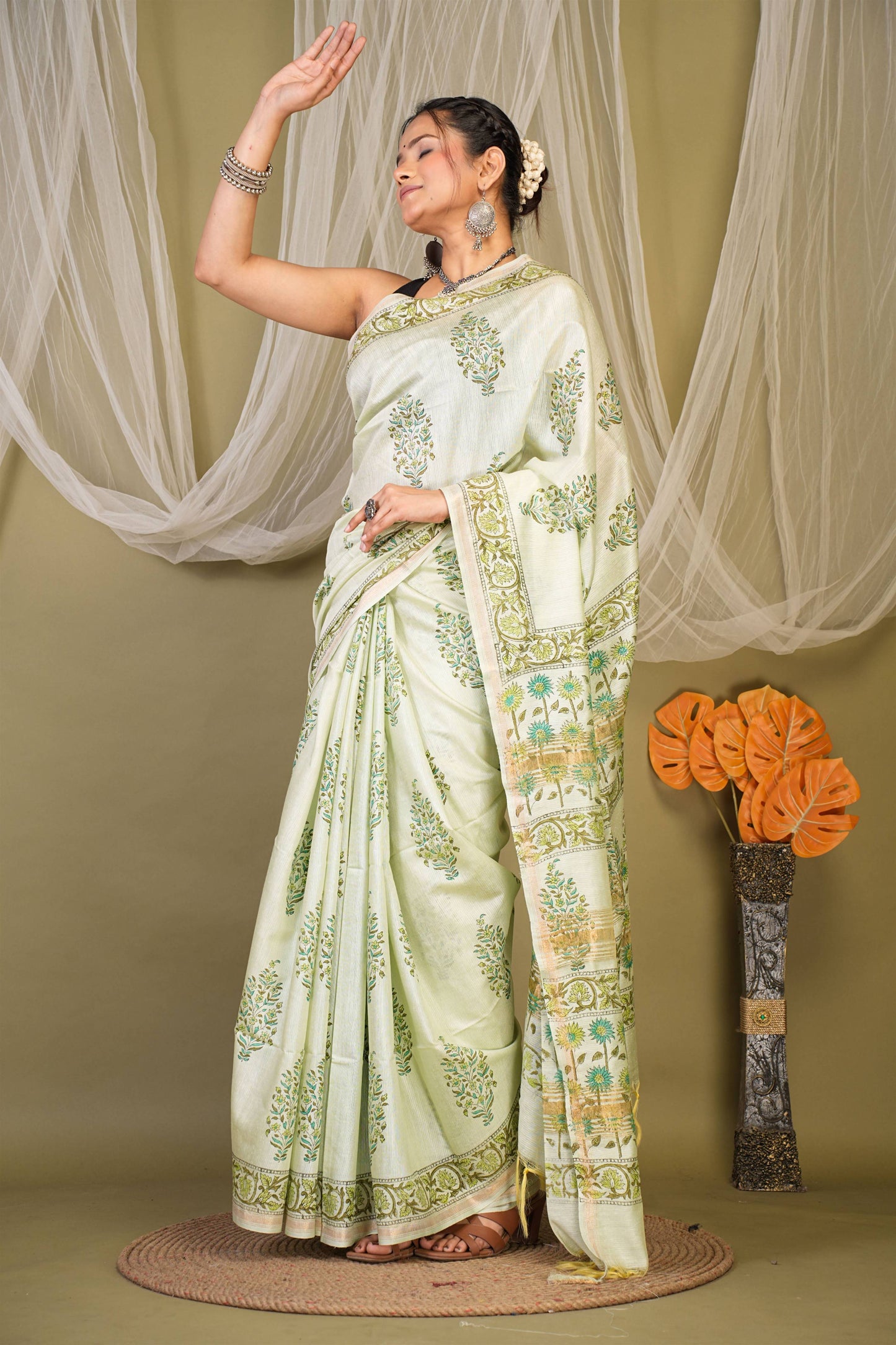 Anuttara Bhagalpuri Pista Green Jay Shree Cotton Fine Floral Saree with Unstitched Blouse_AFS1434-FS