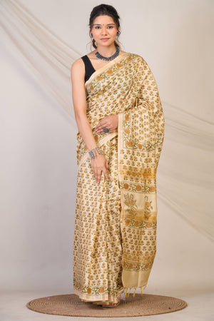 Anuttara Bhagalpuri Beige Jay Shree Cotton Fine Floral Saree with Unstitched Blouse_AFS1436-FS