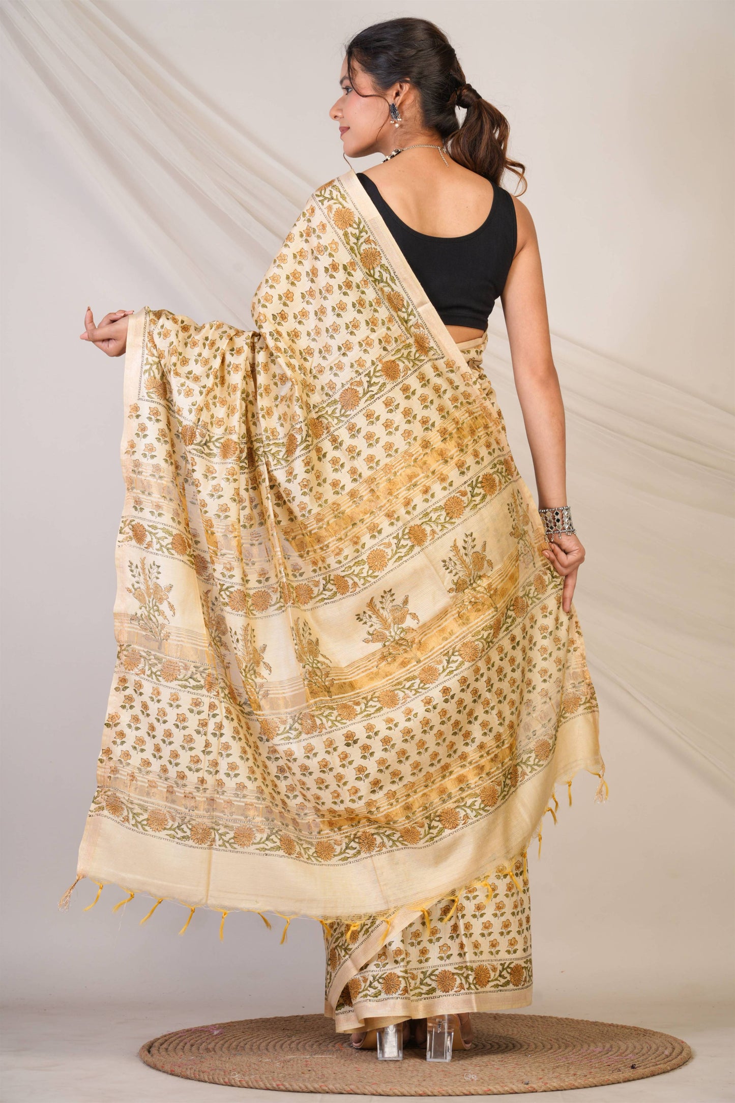 Anuttara Bhagalpuri Beige Jay Shree Cotton Fine Floral Saree with Unstitched Blouse_AFS1436-FS