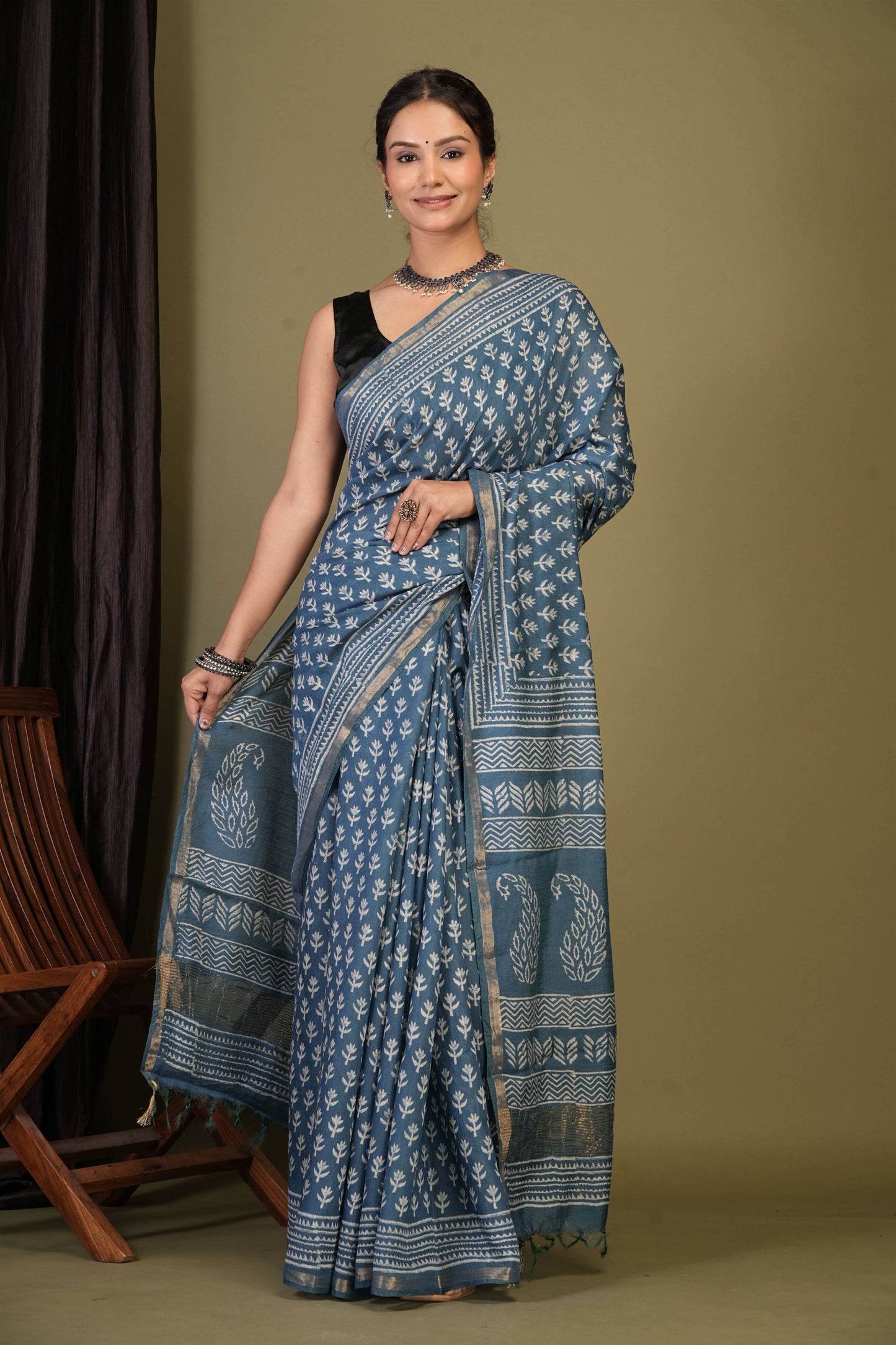 Anuttara Bhagalpuri Teal Blue Cotton Silk (Art Silk) Floral Saree with Unstitched Blouse_AFS1437-FS