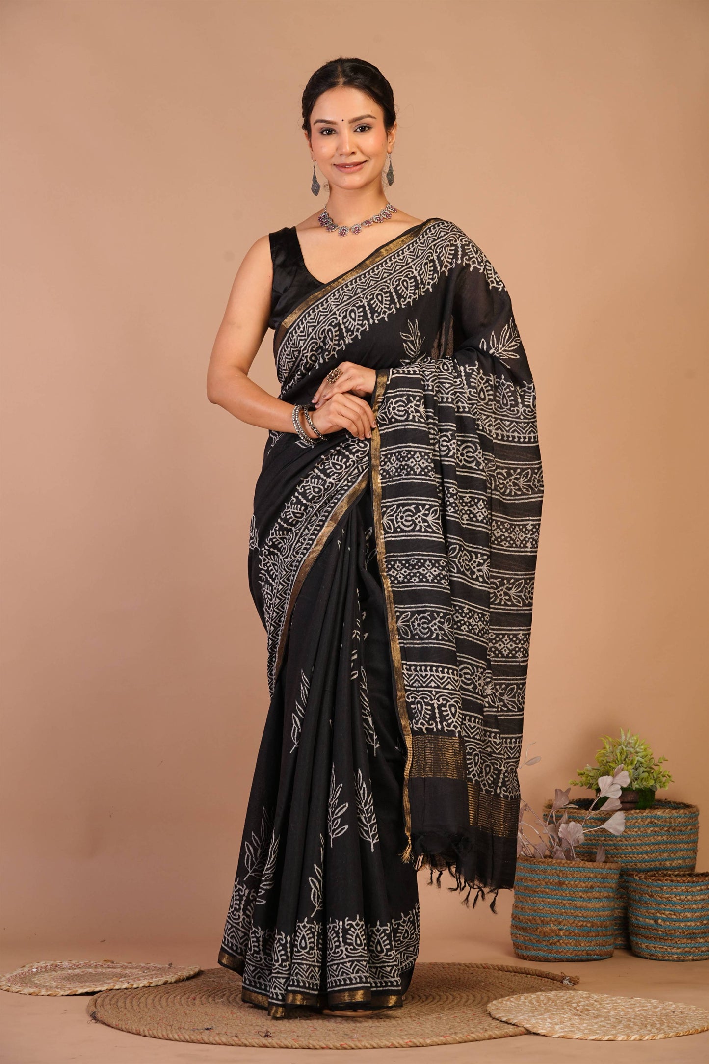 Anuttara Bhagalpuri Black Cotton Silk (Art Silk) Floral Saree with Unstitched Blouse_AFS1438-FS