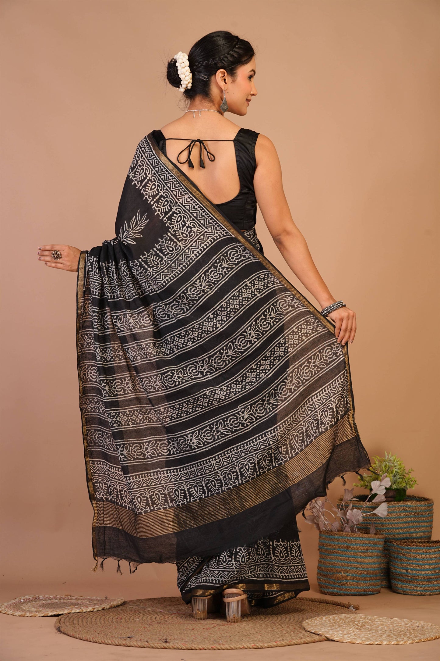 Anuttara Bhagalpuri Black Cotton Silk (Art Silk) Floral Saree with Unstitched Blouse_AFS1438-FS