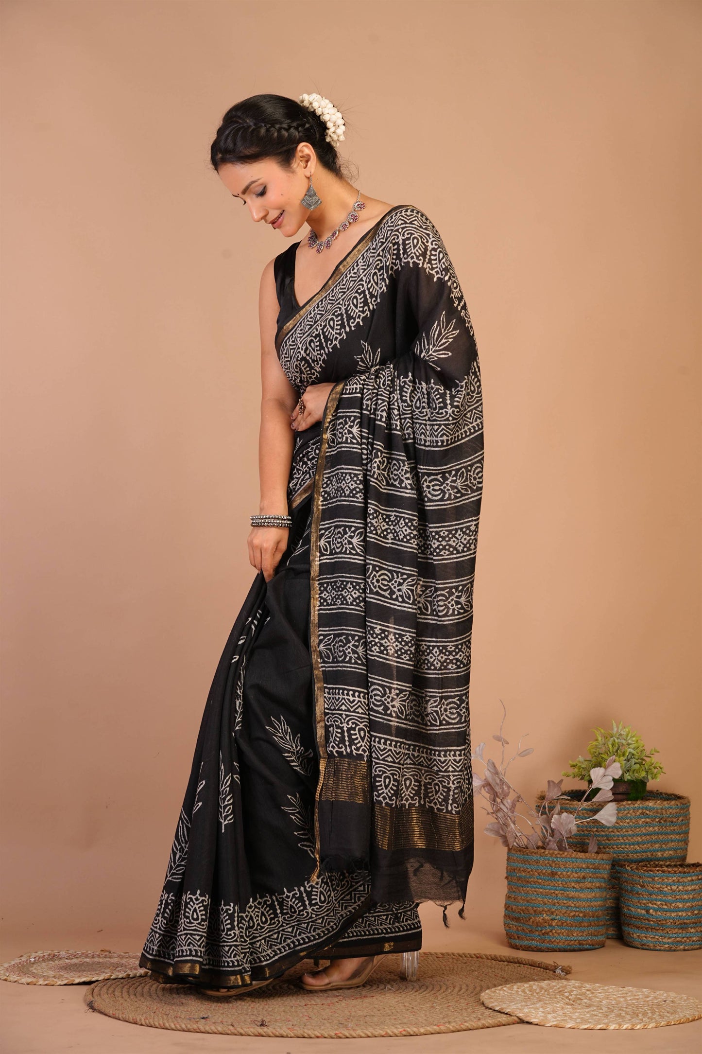 Anuttara Bhagalpuri Black Cotton Silk (Art Silk) Floral Saree with Unstitched Blouse_AFS1438-FS