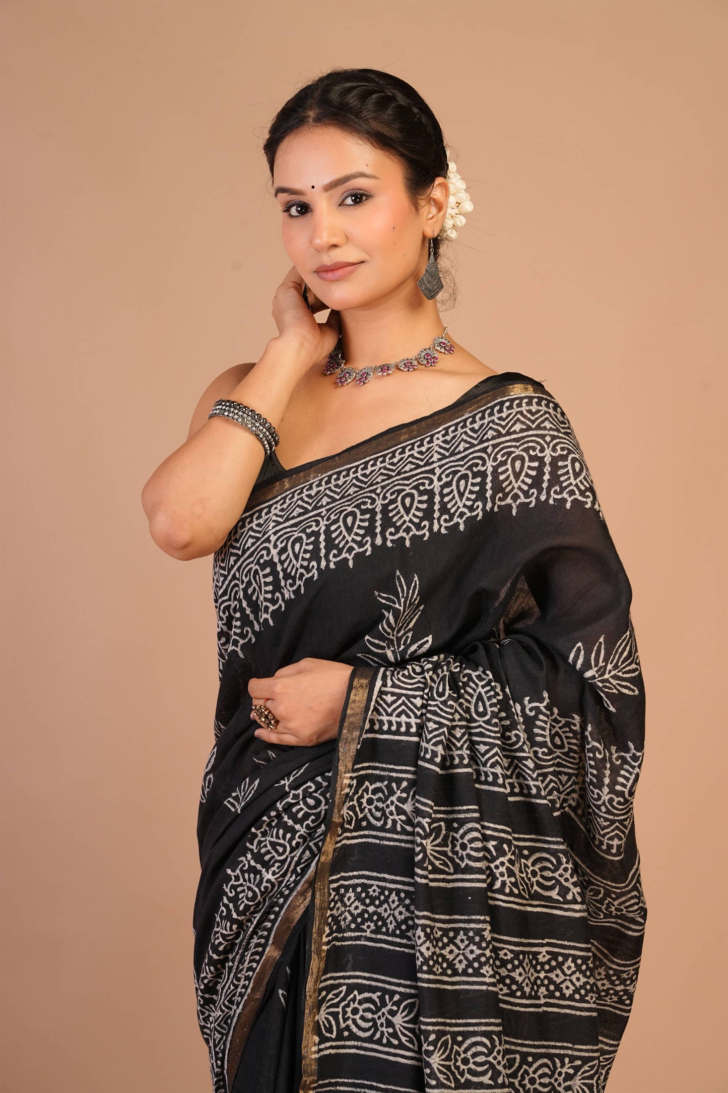Anuttara Bhagalpuri Black Cotton Silk (Art Silk) Floral Saree with Unstitched Blouse_AFS1438-FS