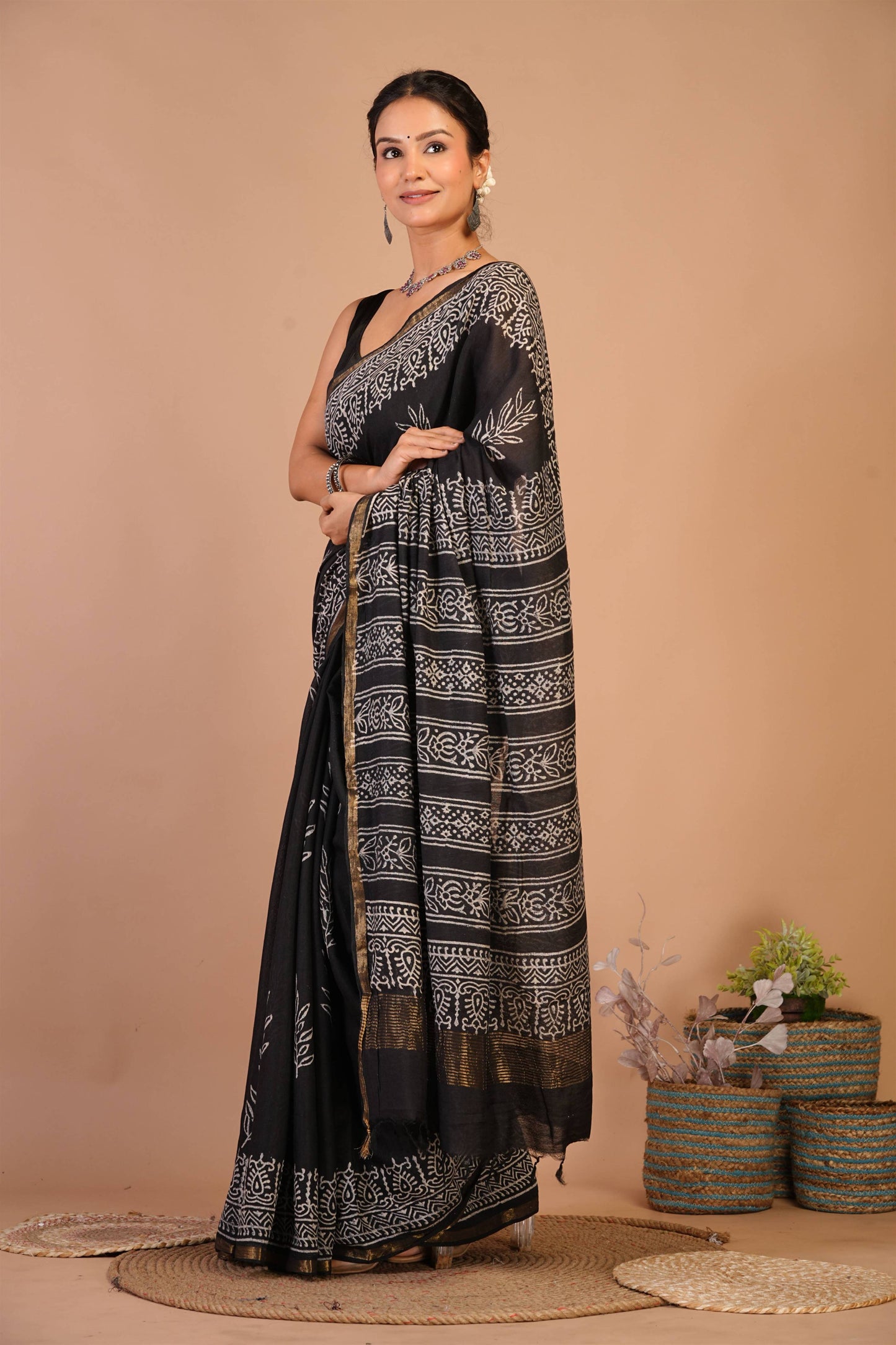 Anuttara Bhagalpuri Black Cotton Silk (Art Silk) Floral Saree with Unstitched Blouse_AFS1438-FS